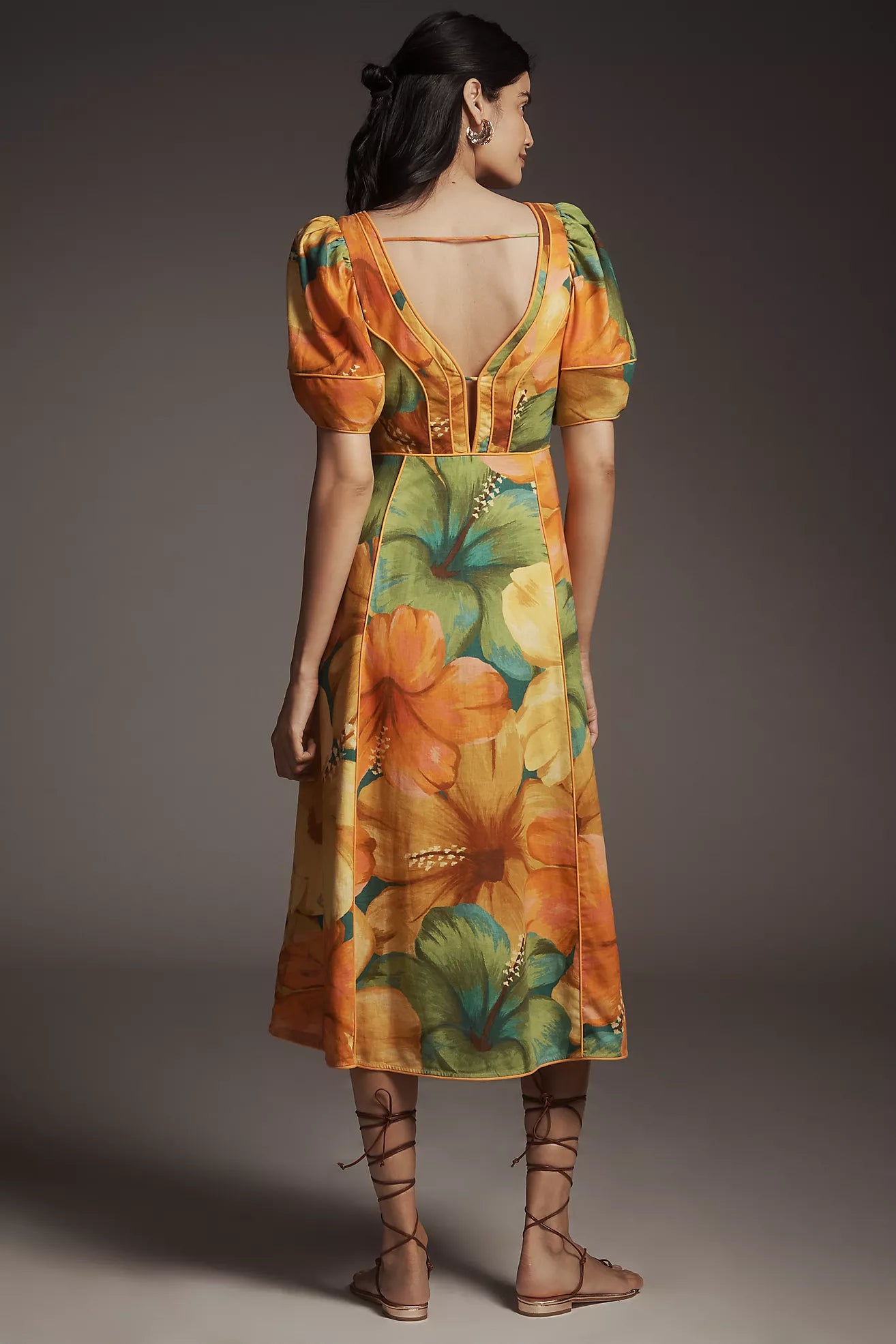 Linen Blend Short-Sleeve Cutout Printed Midi Dress