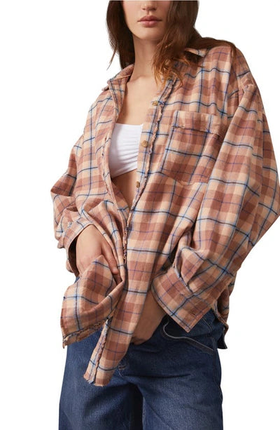 Happy Hour Plaid Long Sleeve Flannel Shirt In Tan