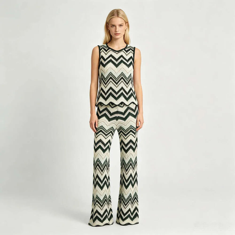 French Vacation Blue & White Chevron Knit Set Green