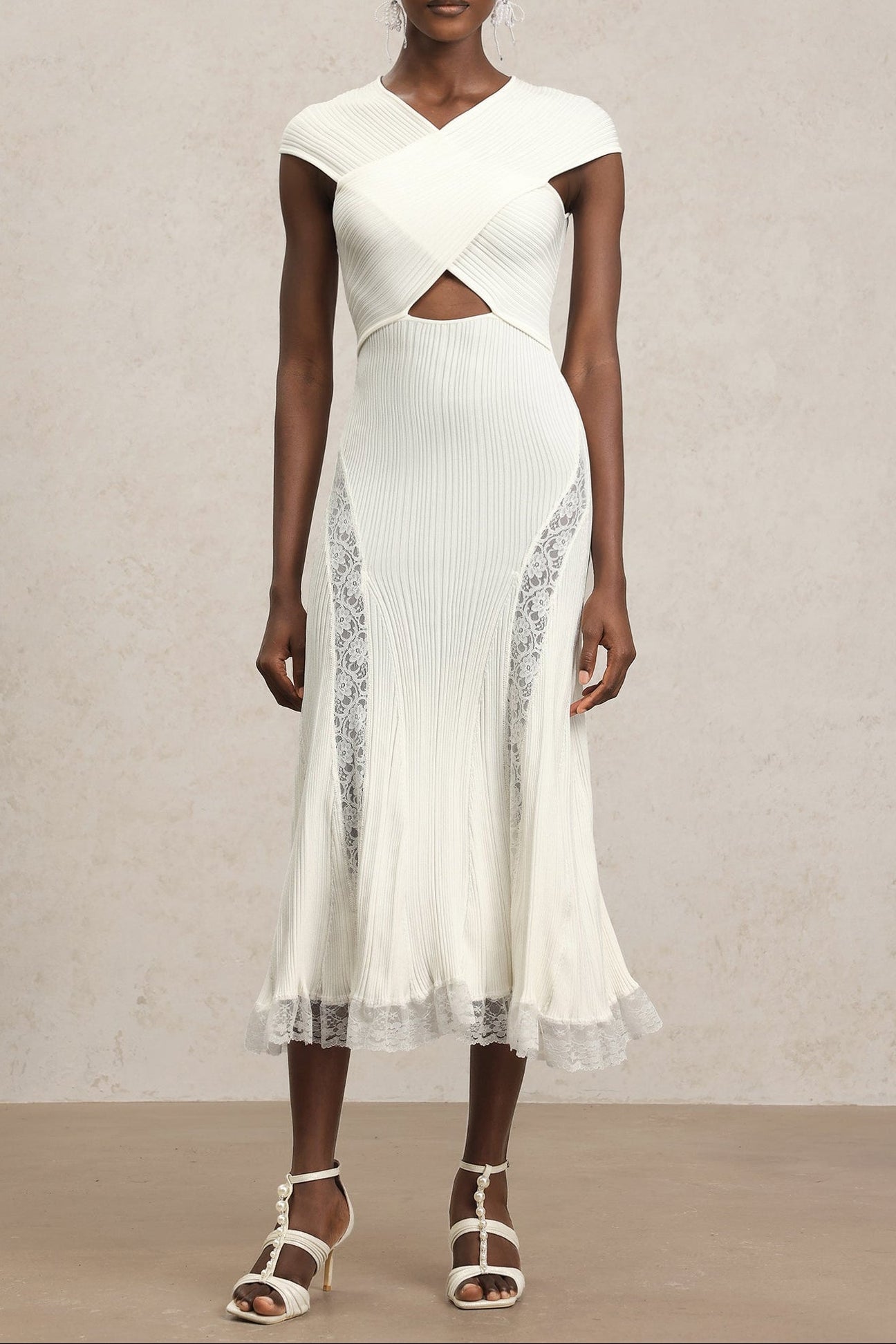 WHITE KNIT LACE INSERT MIDI DRESS