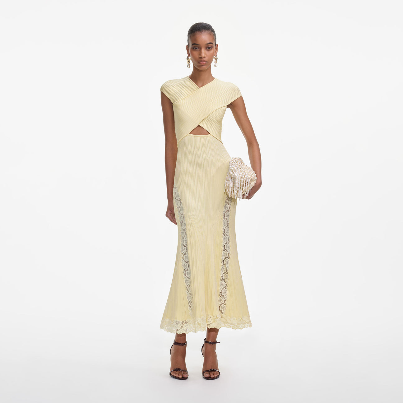 YELLOW KNIT LACE INSERT MIDI DRESS