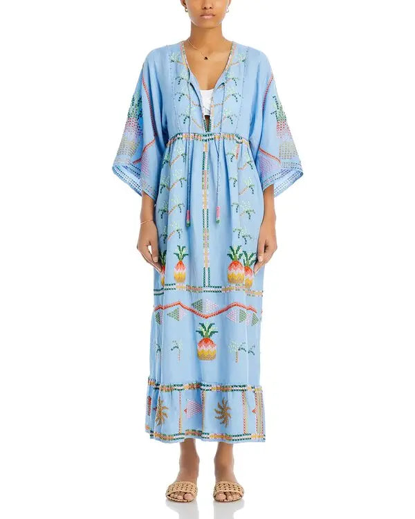 Farm Rio Embroidered Pineapple Maxi Dress Swim Cover-Up