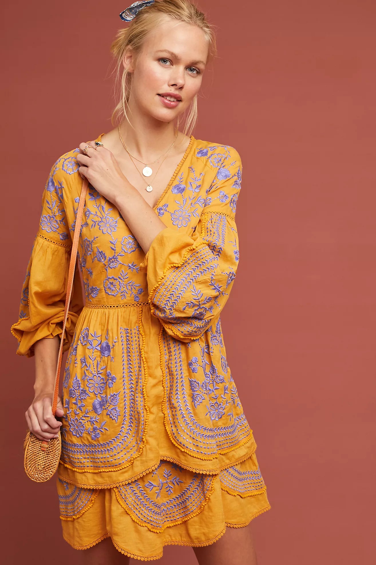 Alena Ruffled-Embroidered Tiered Tunic Dress