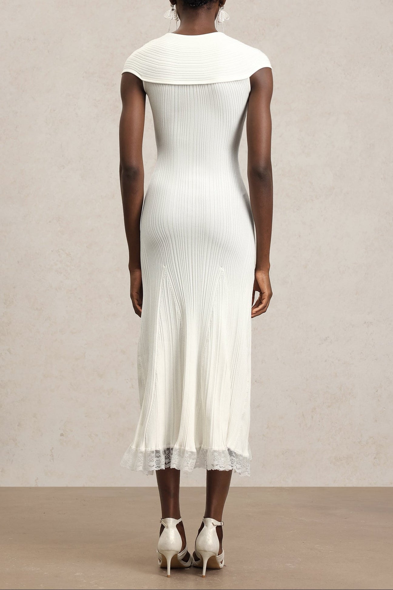 WHITE KNIT LACE INSERT MIDI DRESS