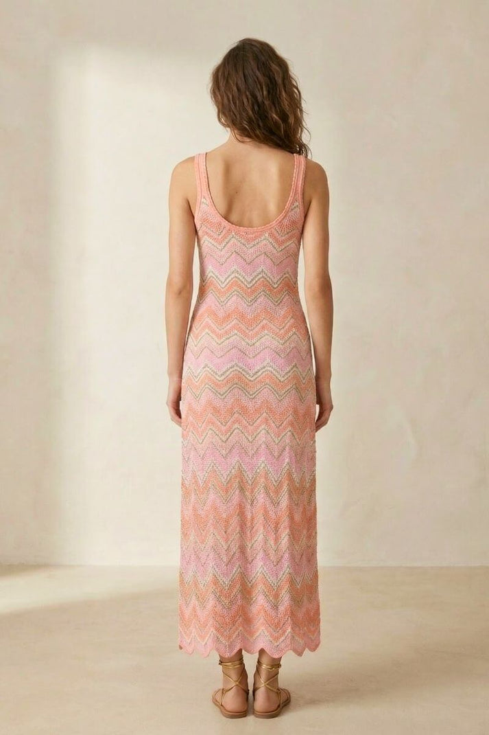 Peach Sorbet Crochet Chevron Maxi Dress Pink