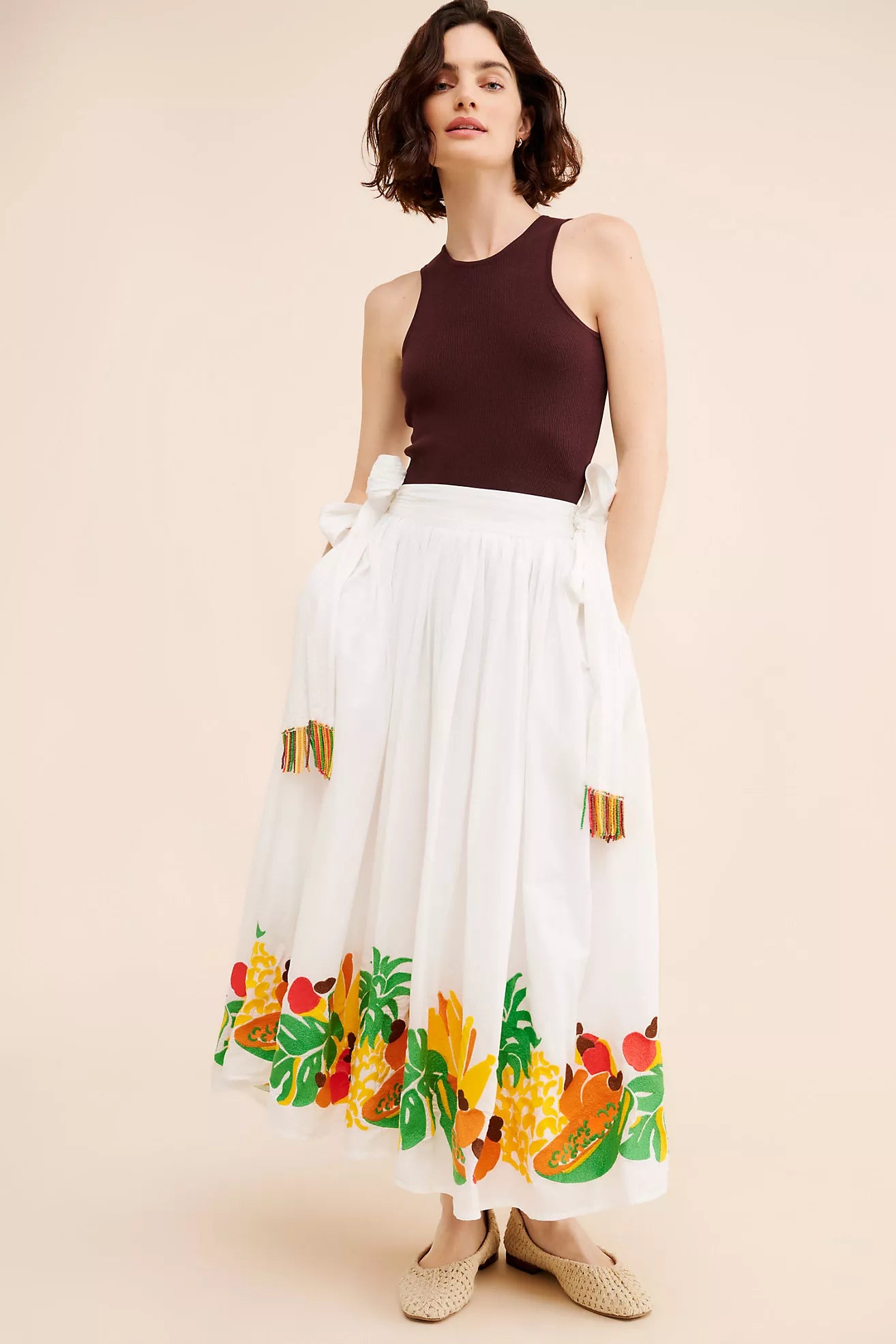Embroidered Fruits Side Bow Midi Skirt