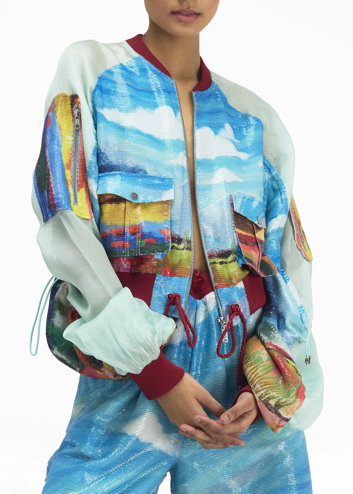 Day Sequin Embroidered Cropped Bomber