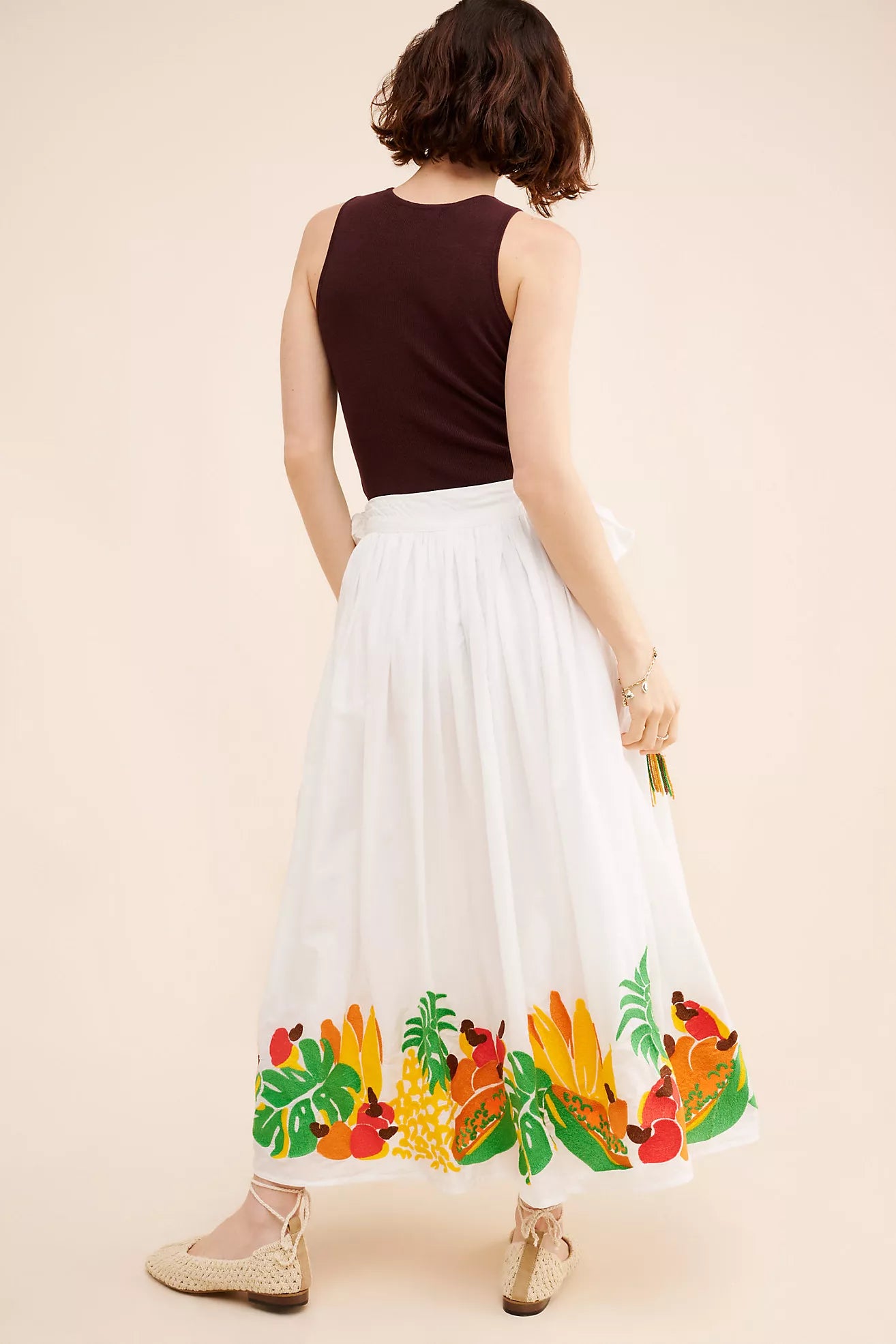 Embroidered Fruits Side Bow Midi Skirt