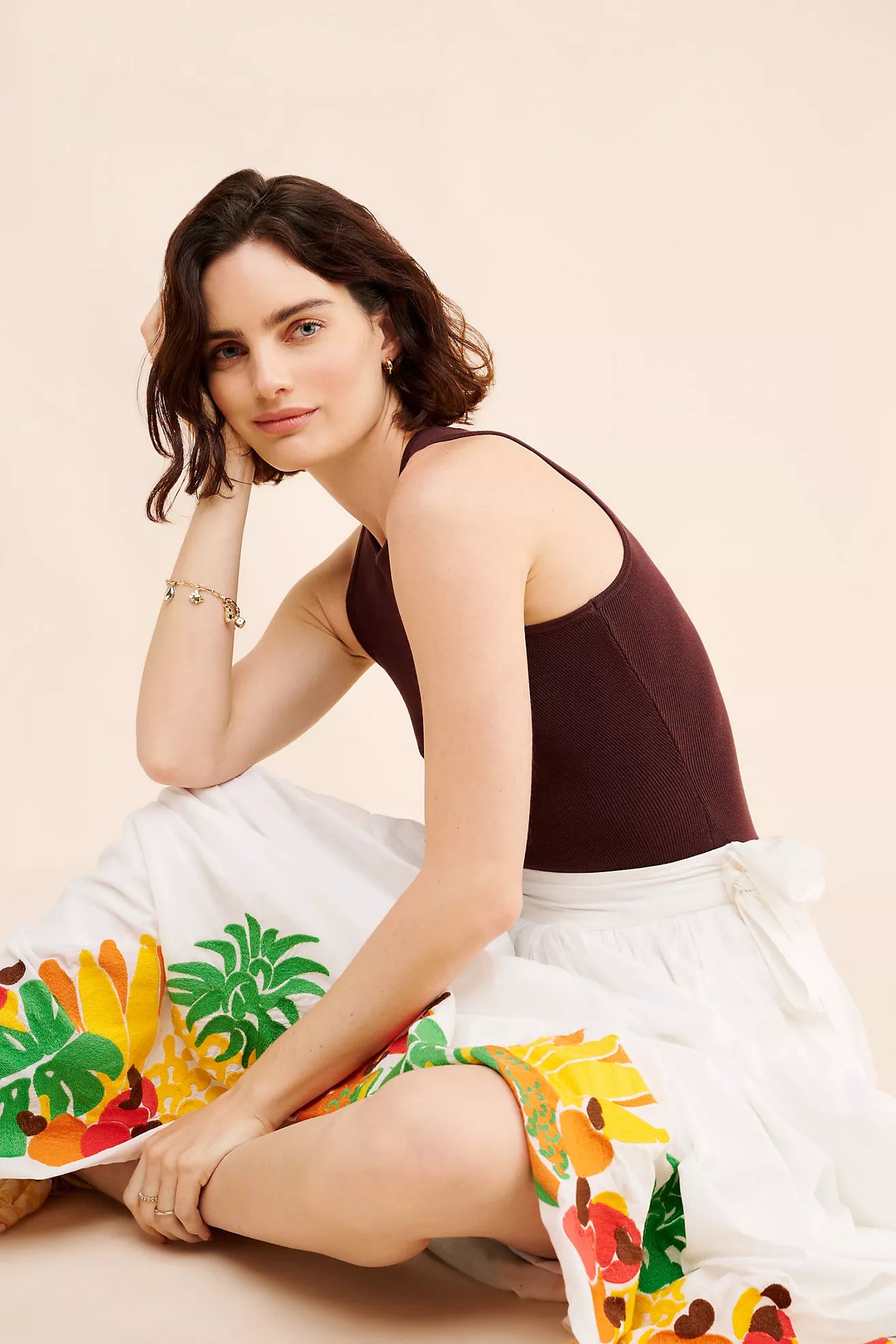 Embroidered Fruits Side Bow Midi Skirt