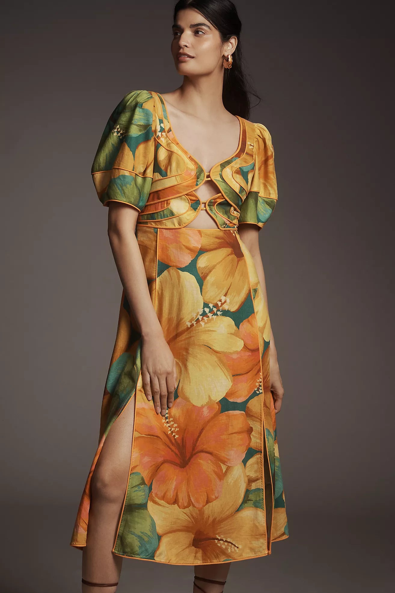 Linen Blend Short-Sleeve Cutout Printed Midi Dress