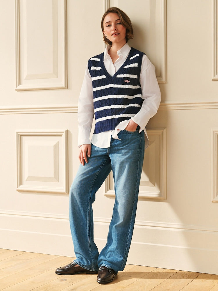 Navy/White Stripe Bramble Embroidered Cable