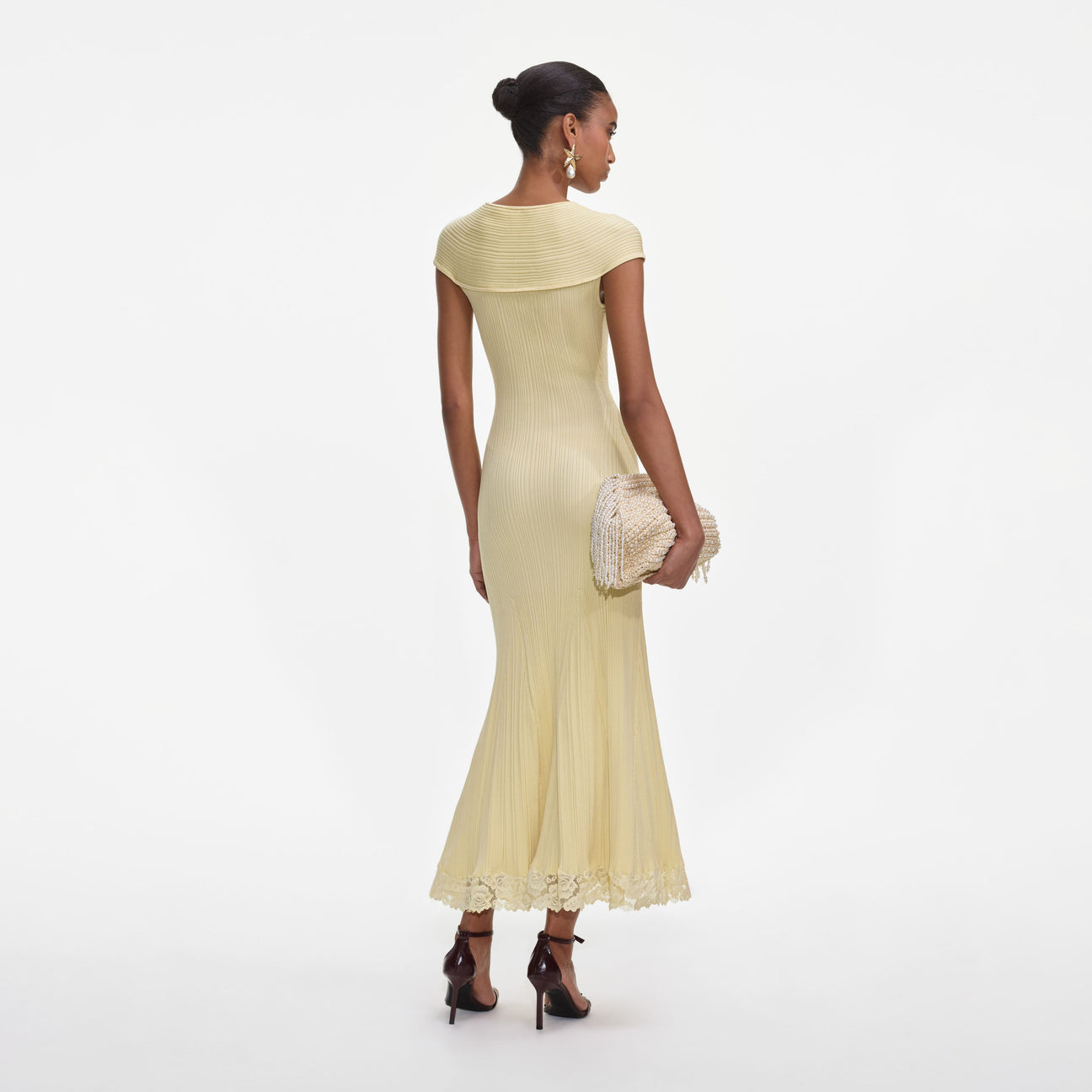 YELLOW KNIT LACE INSERT MIDI DRESS
