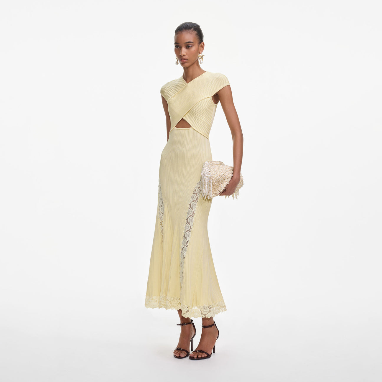 YELLOW KNIT LACE INSERT MIDI DRESS