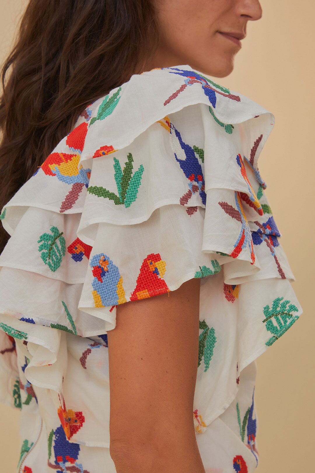 Off White Stitched Birds Blouse