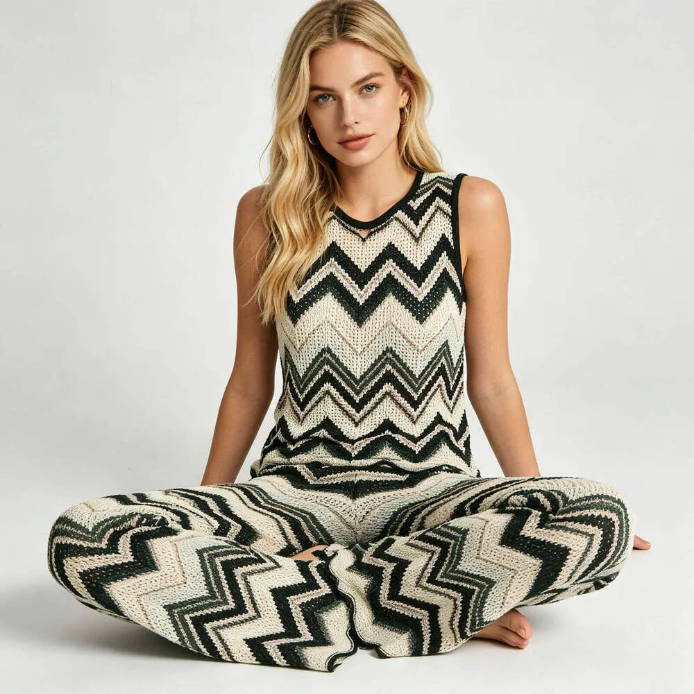 French Vacation Blue & White Chevron Knit Set Green