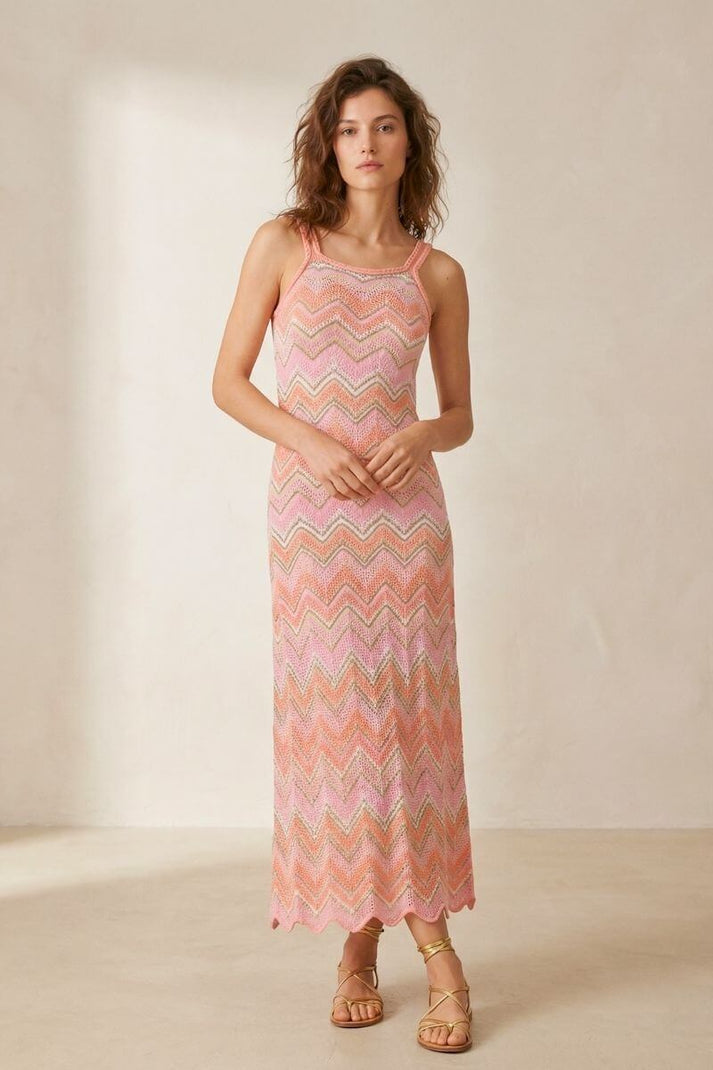 Peach Sorbet Crochet Chevron Maxi Dress Pink