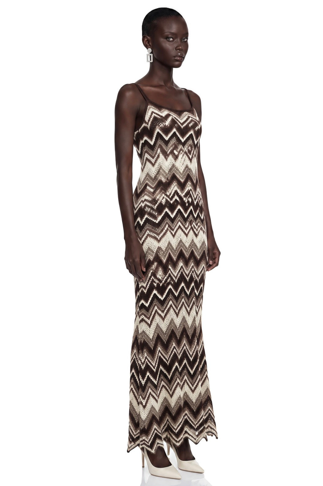 Peach Sorbet Crochet Chevron Maxi Dress Brown