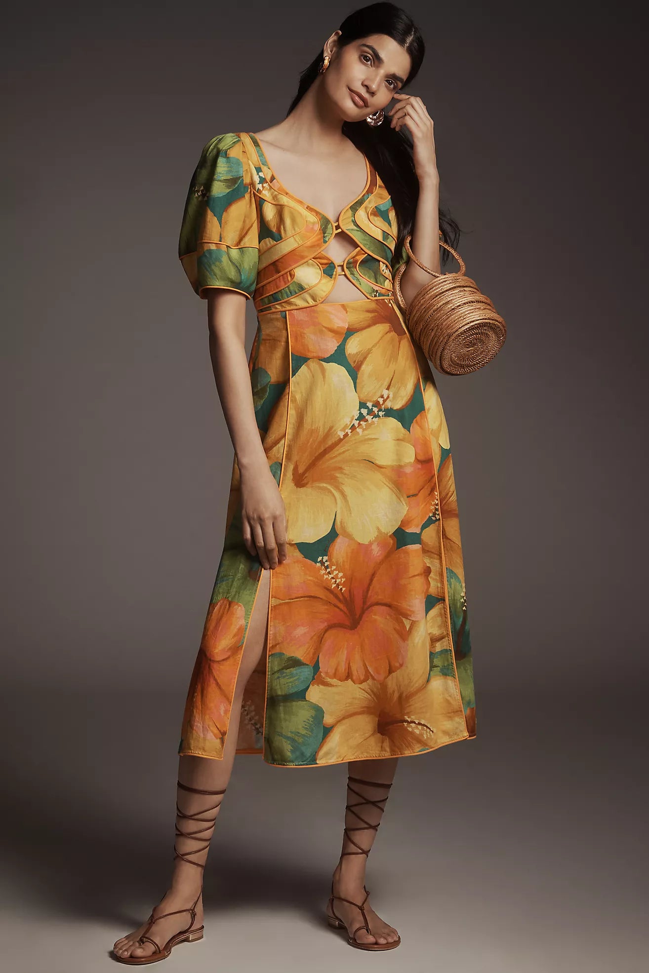 Linen Blend Short-Sleeve Cutout Printed Midi Dress