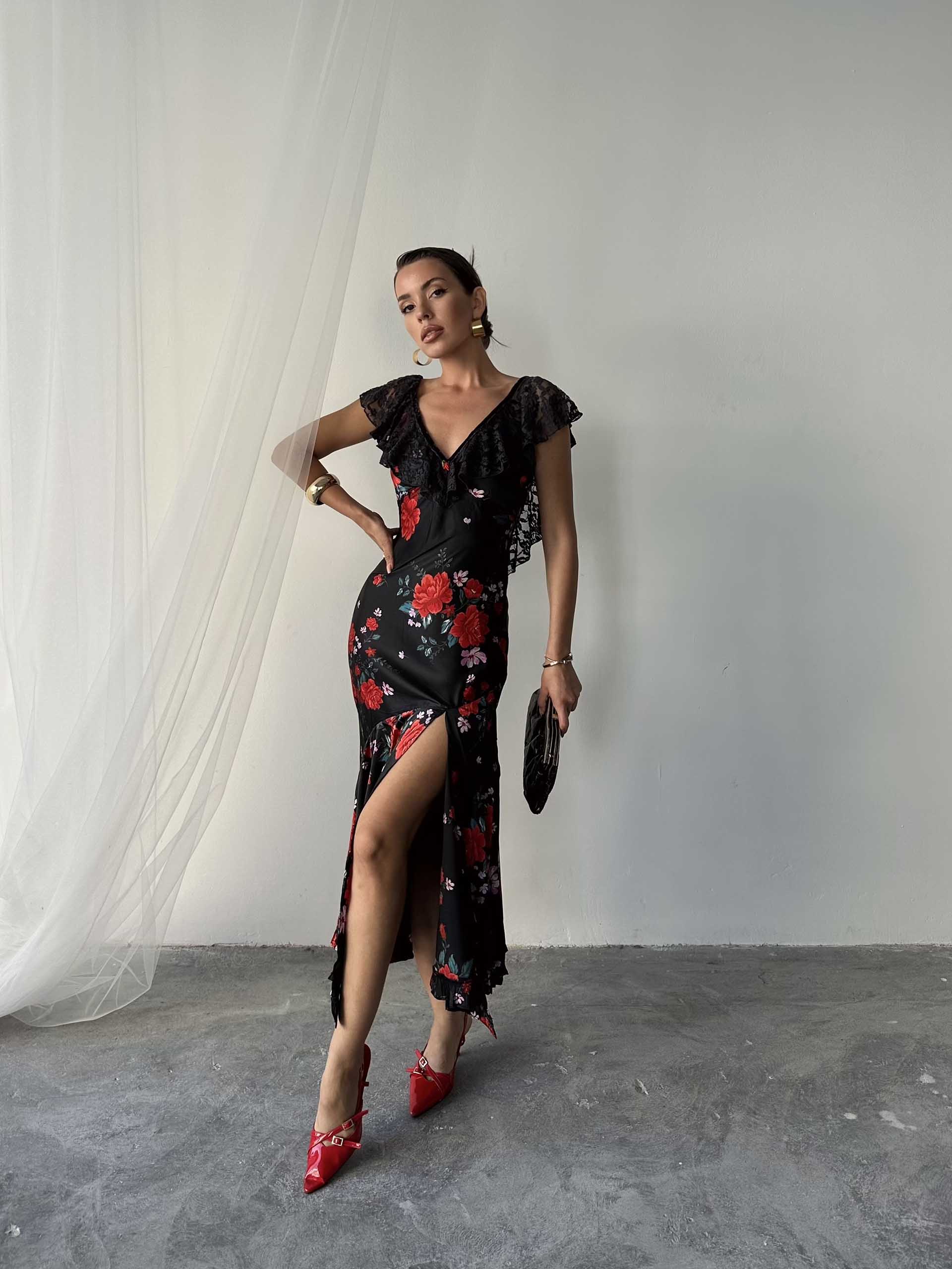 Alina Yırtmaçlı Elbise Siyah