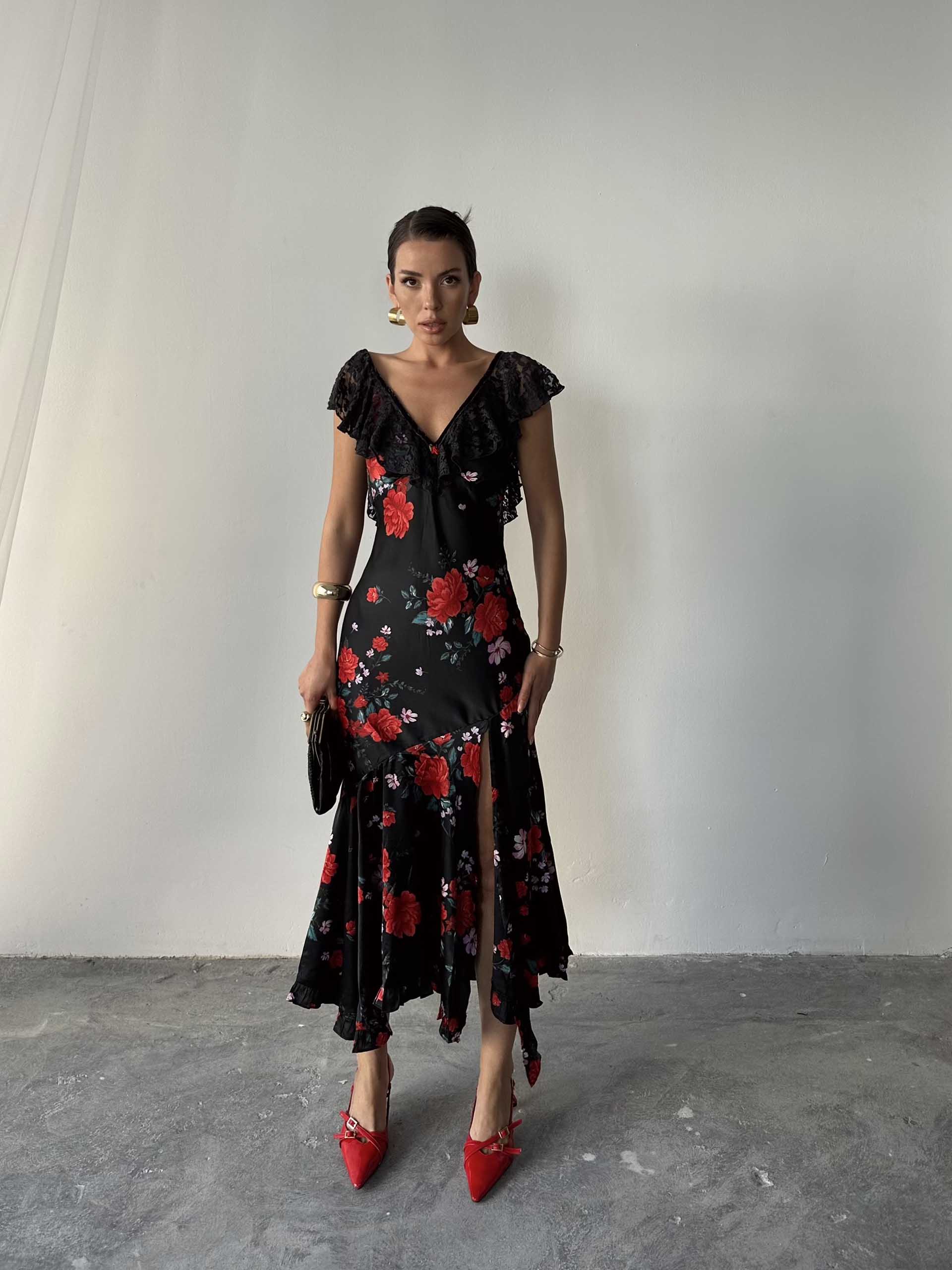 Alina Yırtmaçlı Elbise Siyah