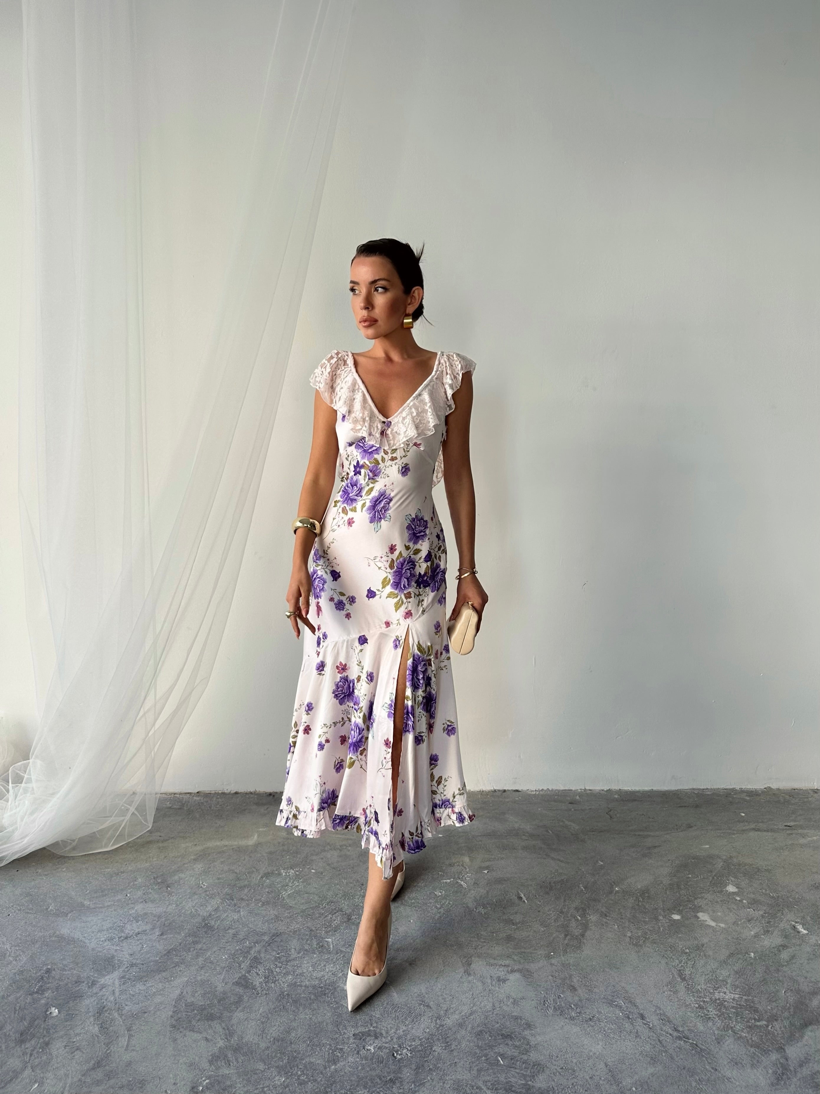 Alina Yırtmaçlı Elbise Beyaz