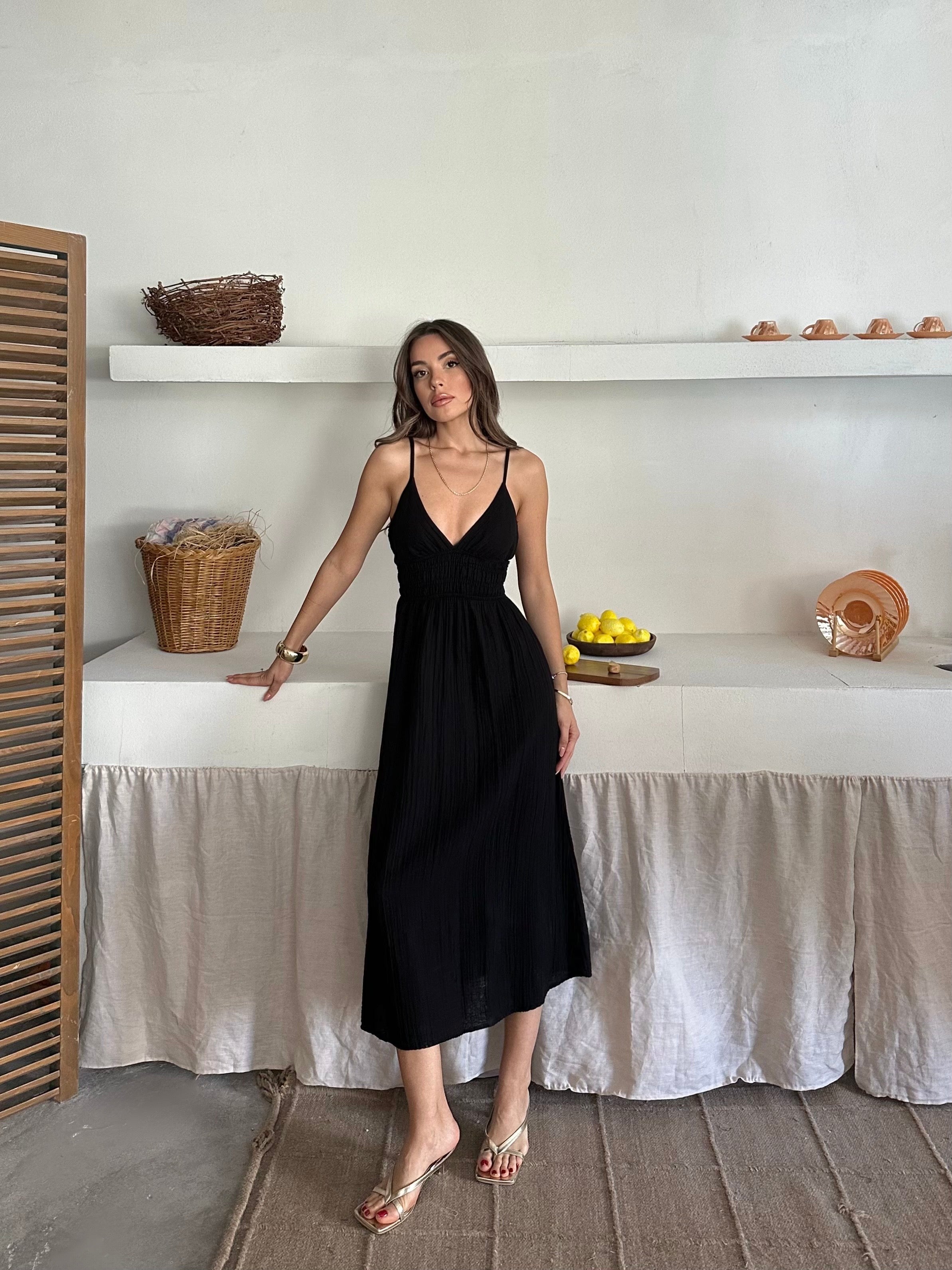 Evelina İp Askılı Müslin Kumaş Elbise Siyah