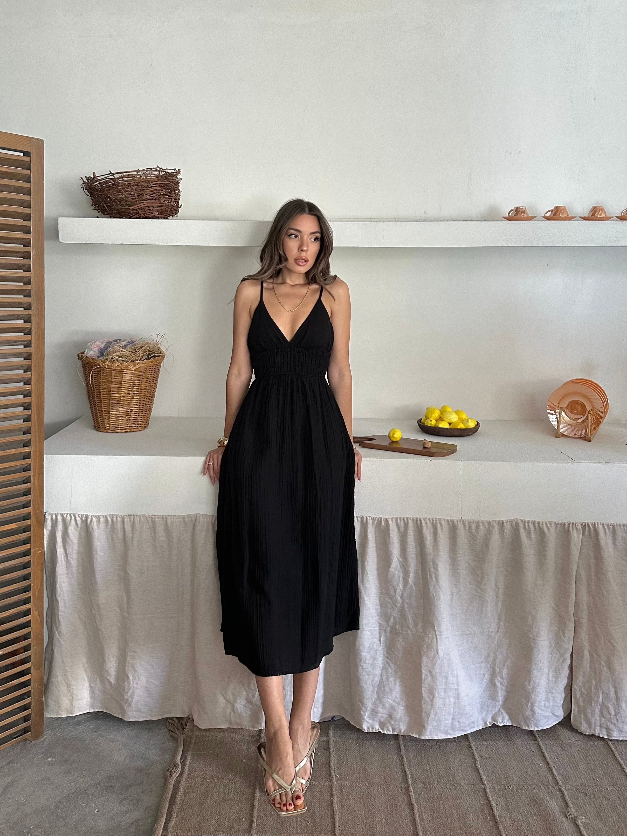 Evelina İp Askılı Müslin Kumaş Elbise Siyah