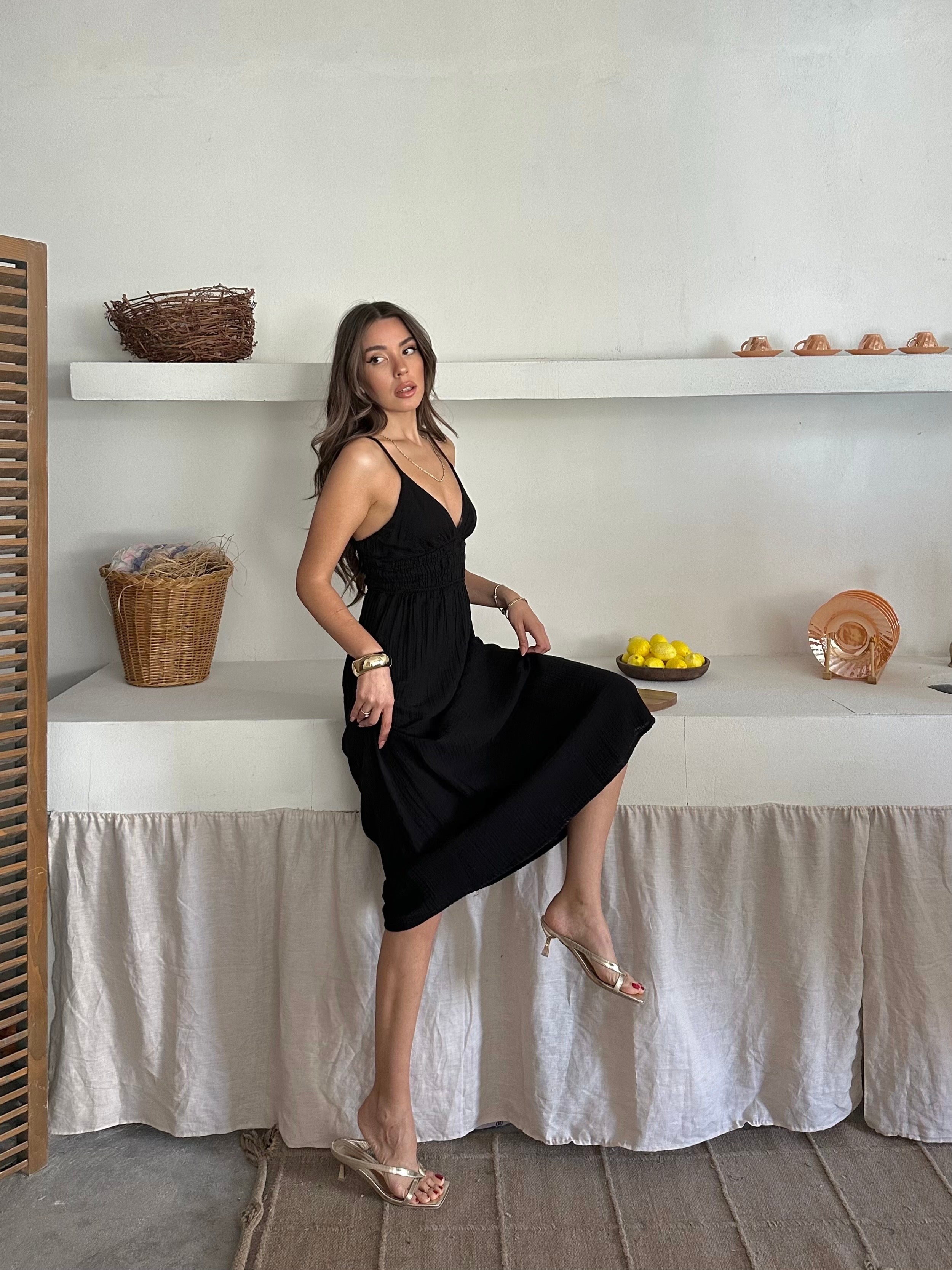 Evelina İp Askılı Müslin Kumaş Elbise Siyah