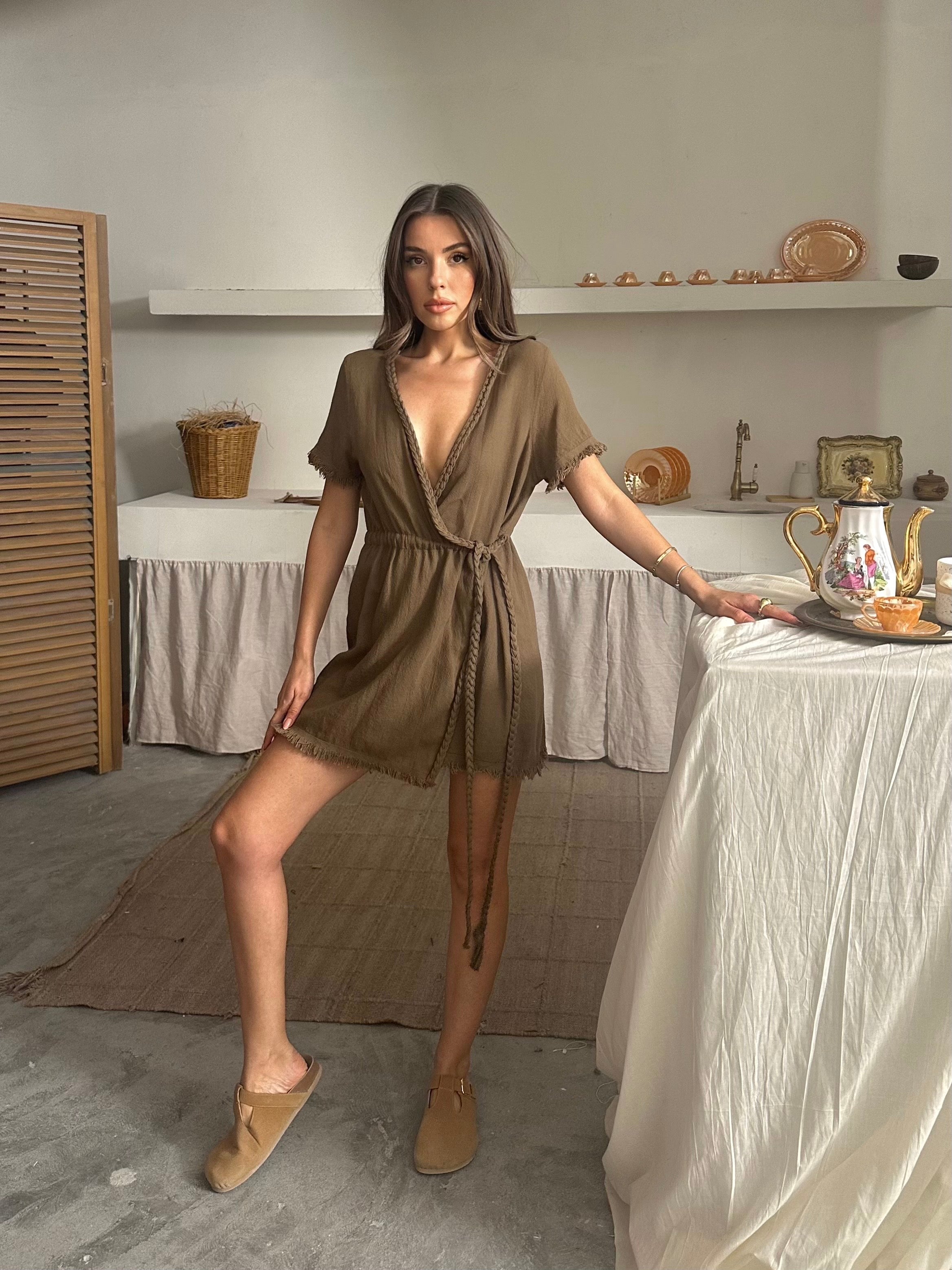 Elina Bel Bağlamalı Müslin Elbise Kahverengi