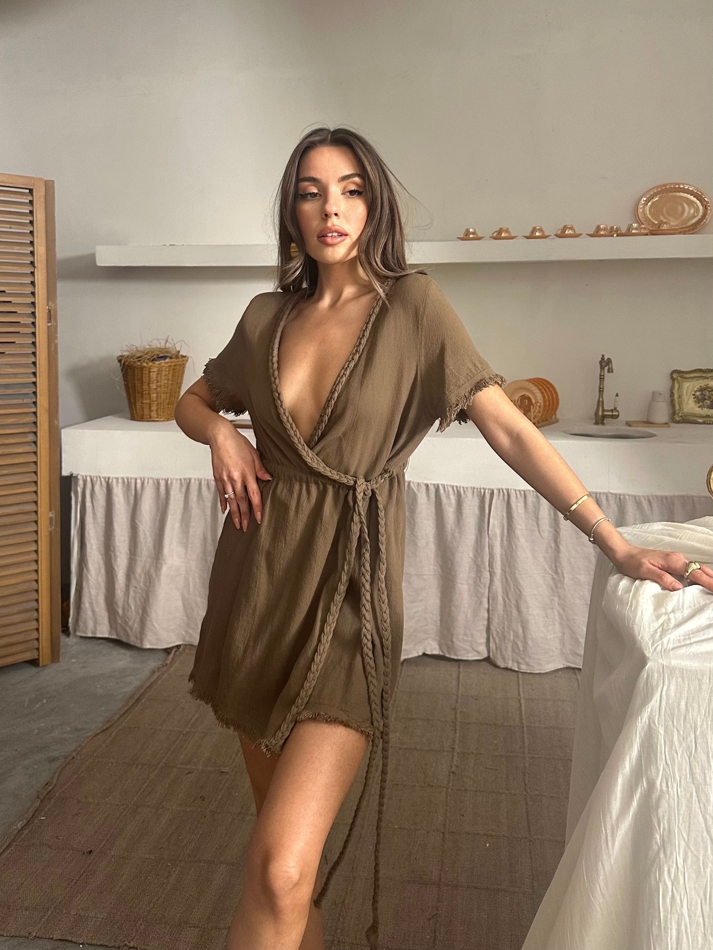 Elina Bel Bağlamalı Müslin Elbise Kahverengi