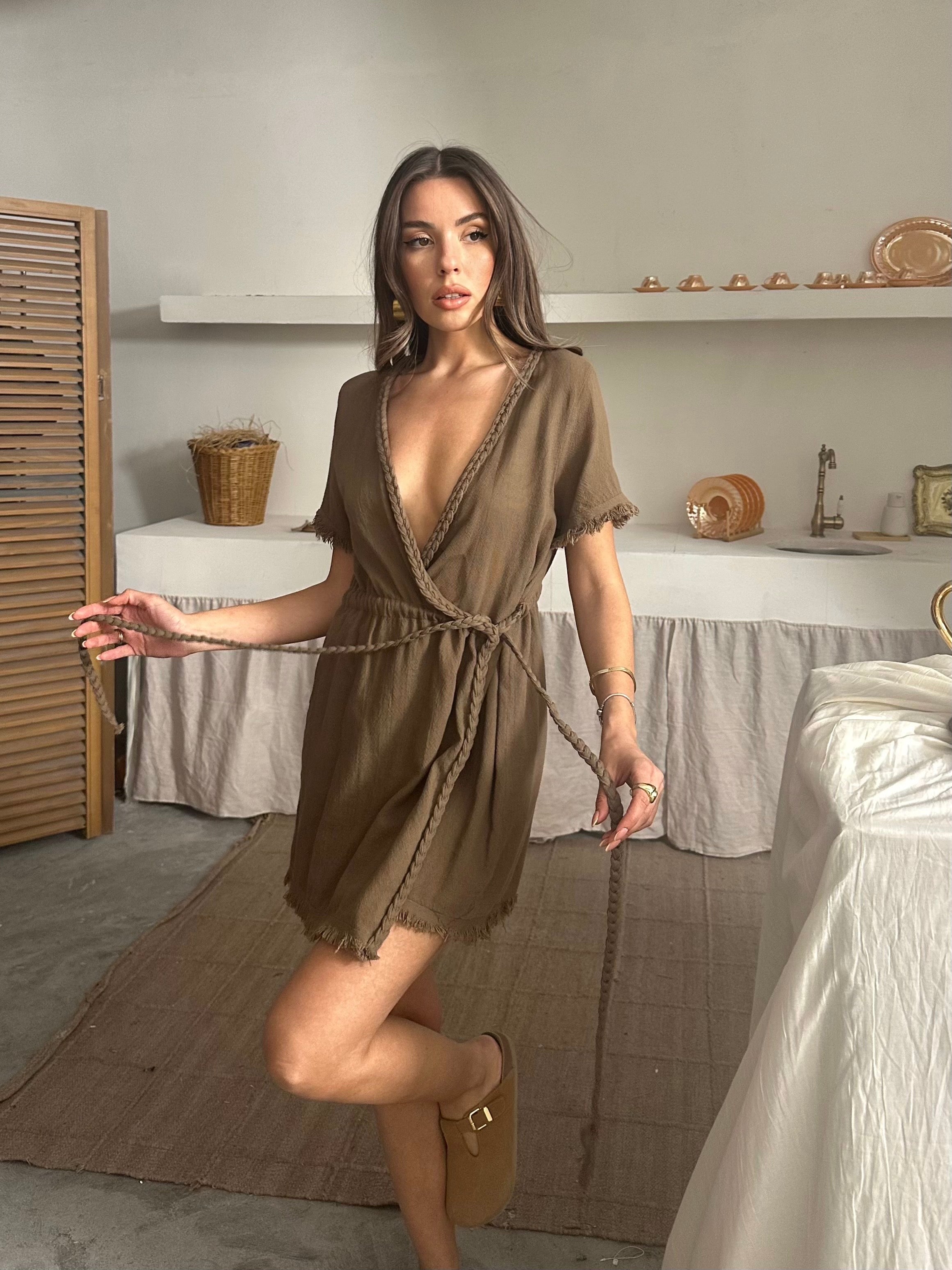 Elina Bel Bağlamalı Müslin Elbise Kahverengi