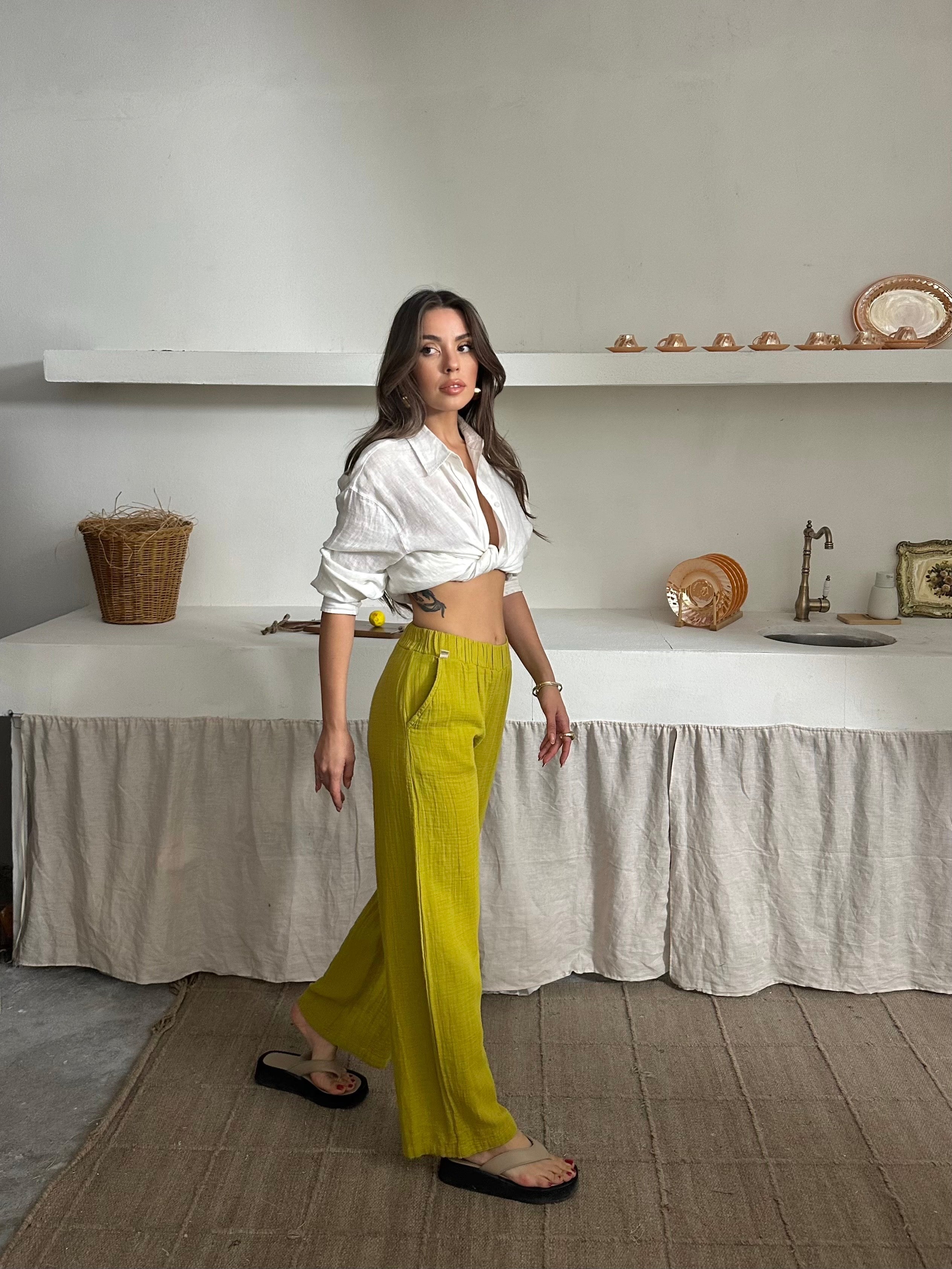 Talia Organik Müslüm Kumaş Pantolon Olive Oil