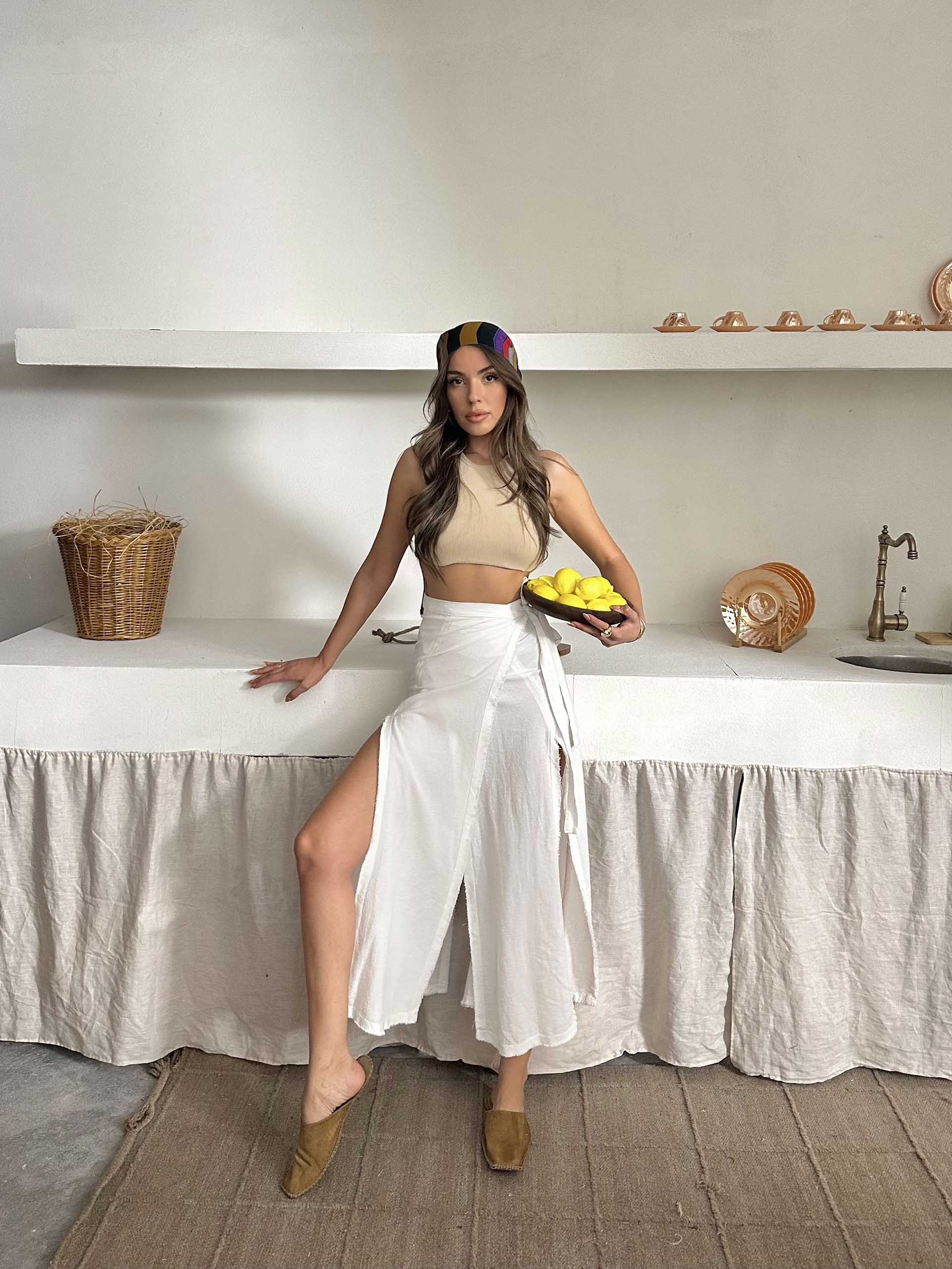 Olivia Keten Tasarım Yırtmaçlı Etek Beyaz