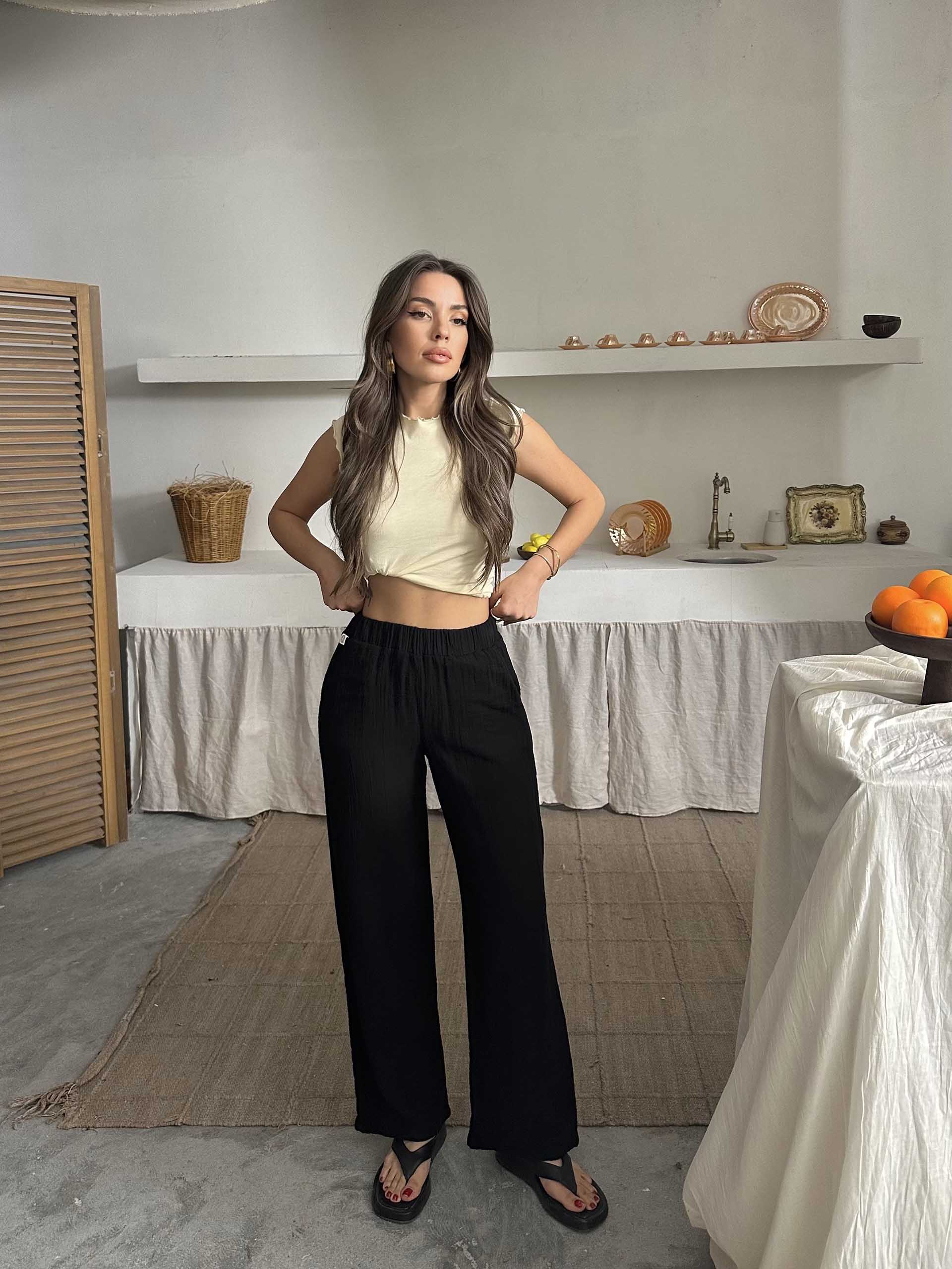 Talia Organik Müslin Kumaş Pantolon Siyah