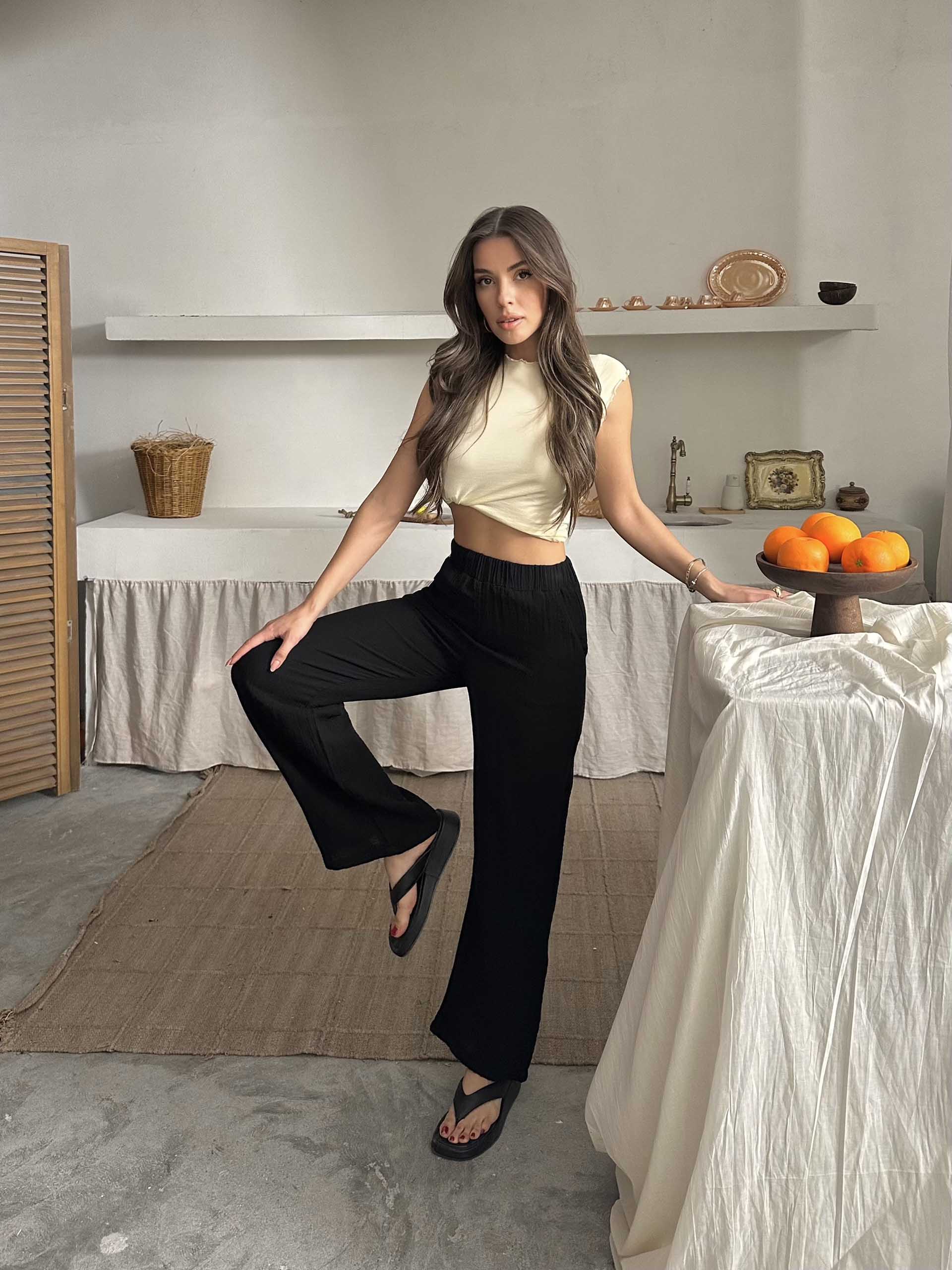 Talia Organik Müslin Kumaş Pantolon Siyah