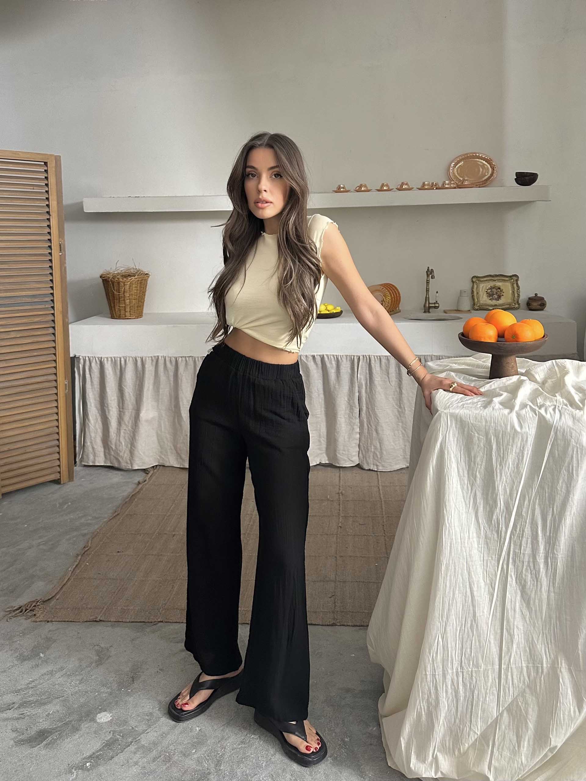 Talia Organik Müslin Kumaş Pantolon Siyah