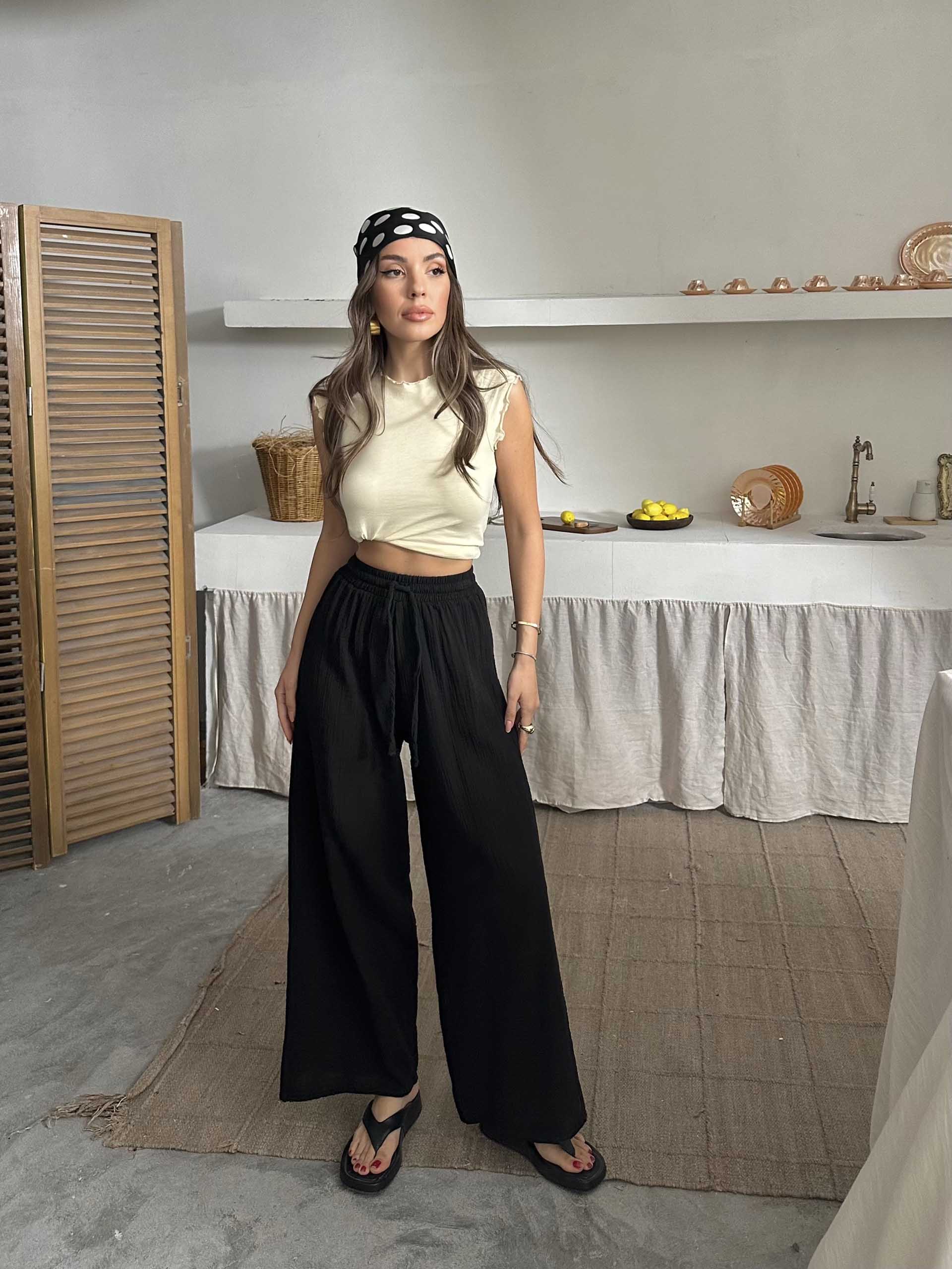 Maja Müslin Kumaş Geniş Pantolon Siyah