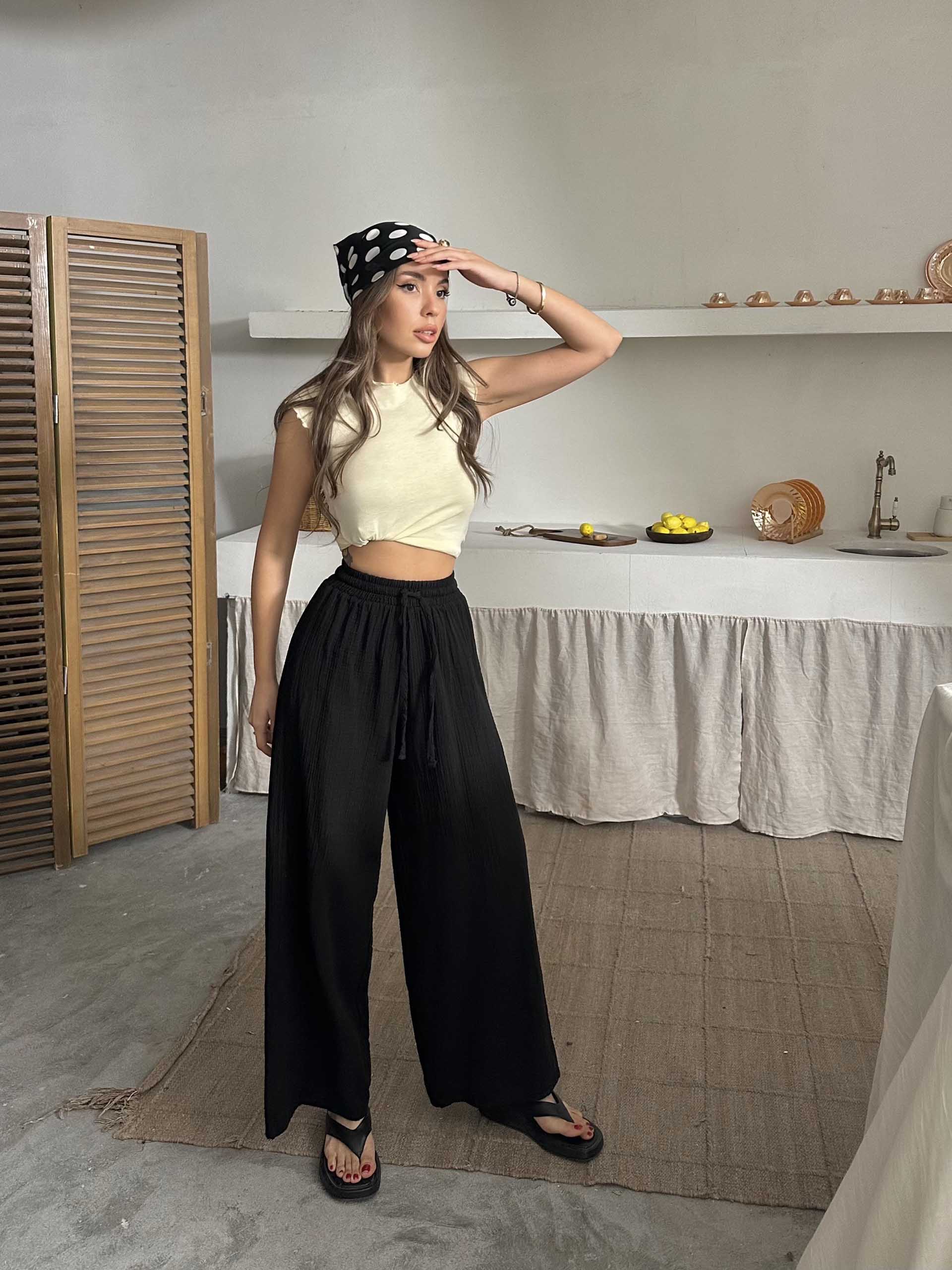 Maja Müslin Kumaş Geniş Pantolon Siyah