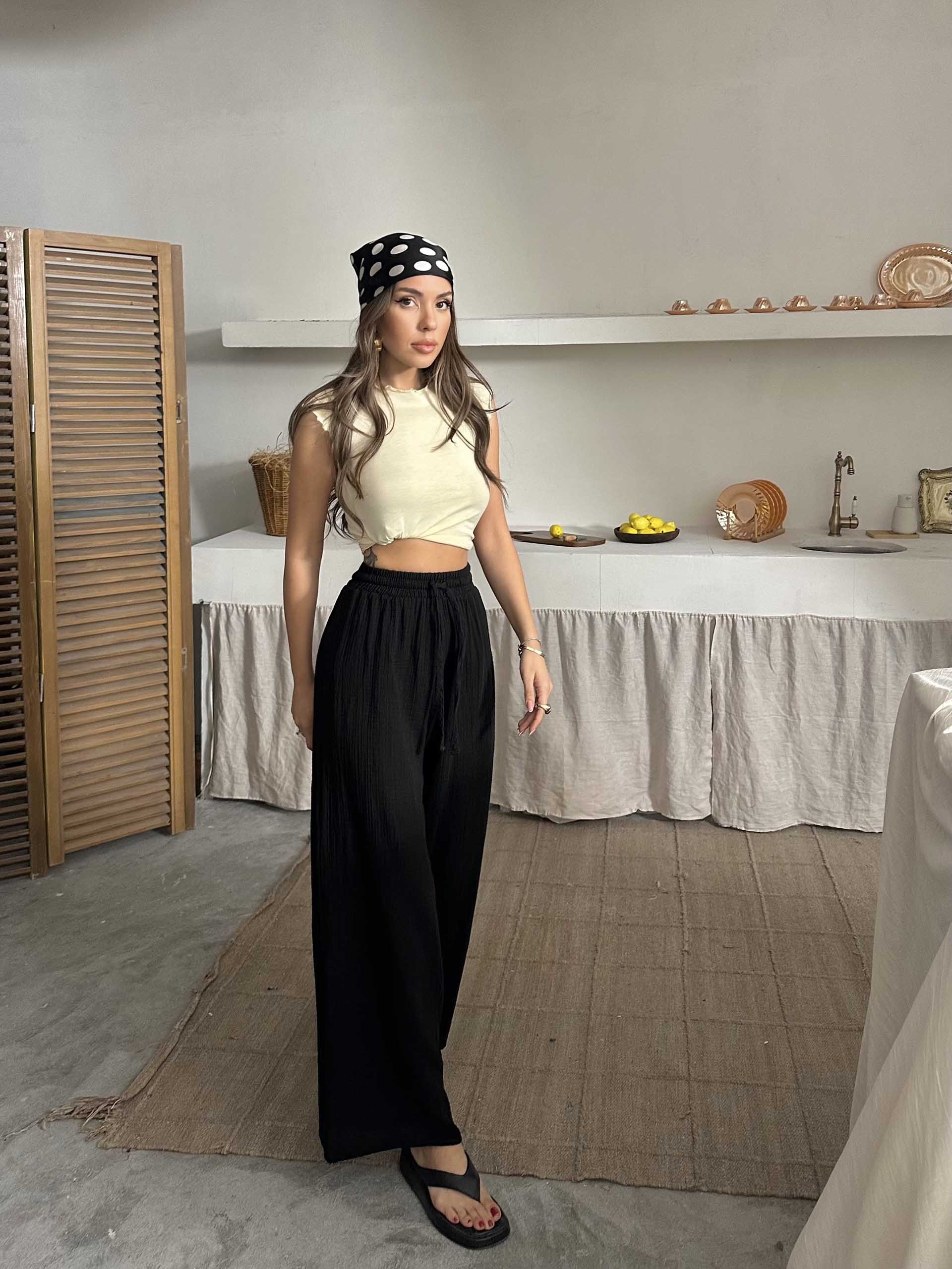 Maja Müslin Kumaş Geniş Pantolon Siyah