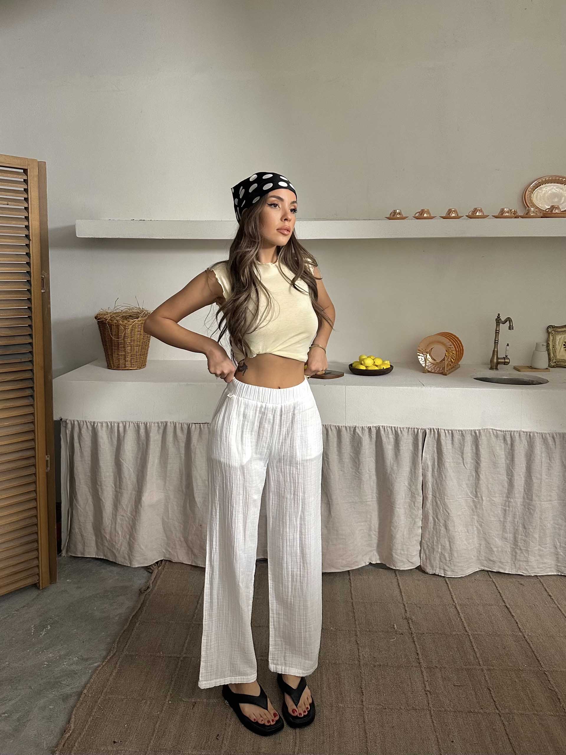 Talia Organik Müslin Kumaş Pantolon Beyaz