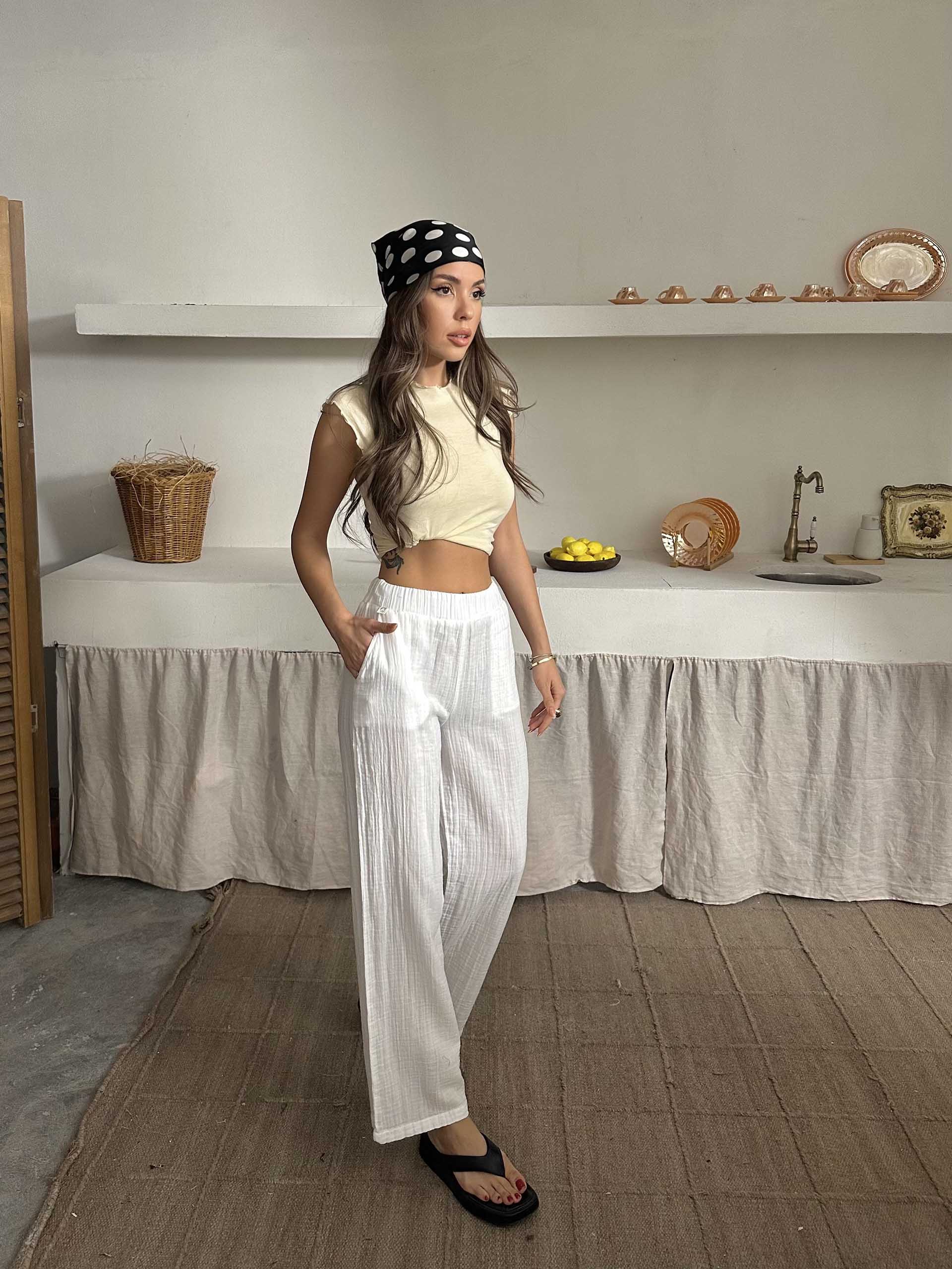 Talia Organik Müslin Kumaş Pantolon Beyaz