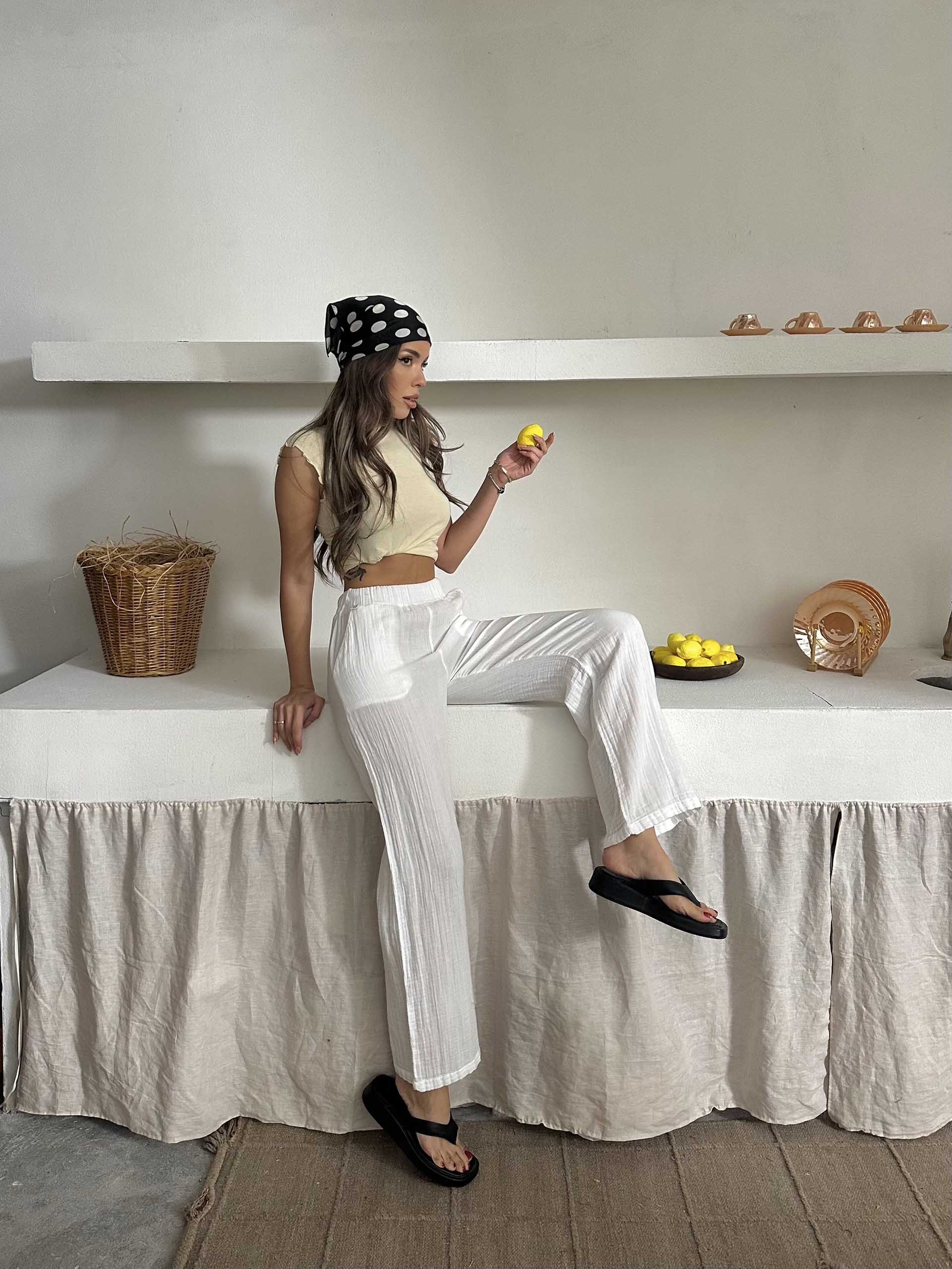 Talia Organik Müslin Kumaş Pantolon Beyaz