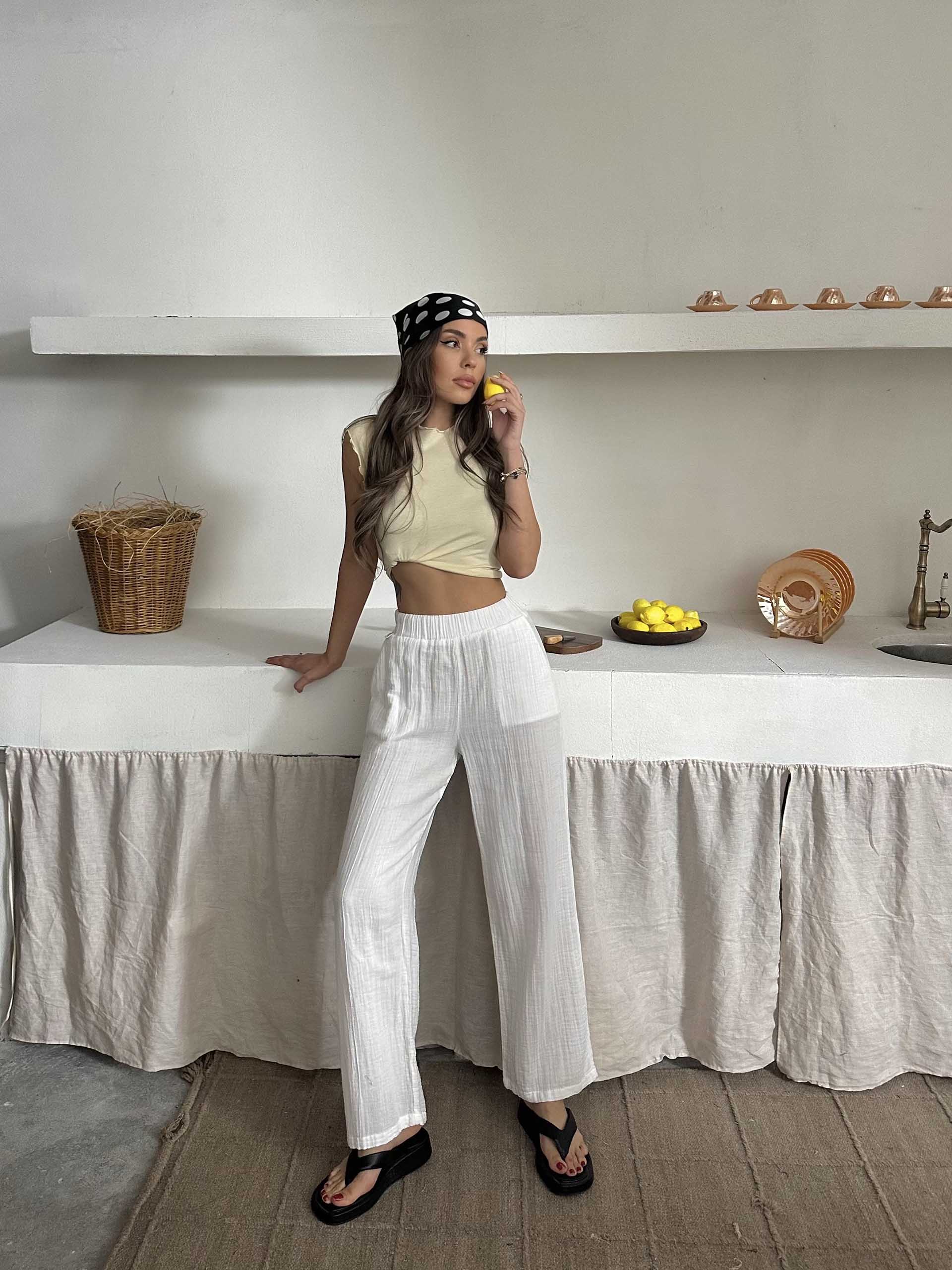 Talia Organik Müslin Kumaş Pantolon Beyaz