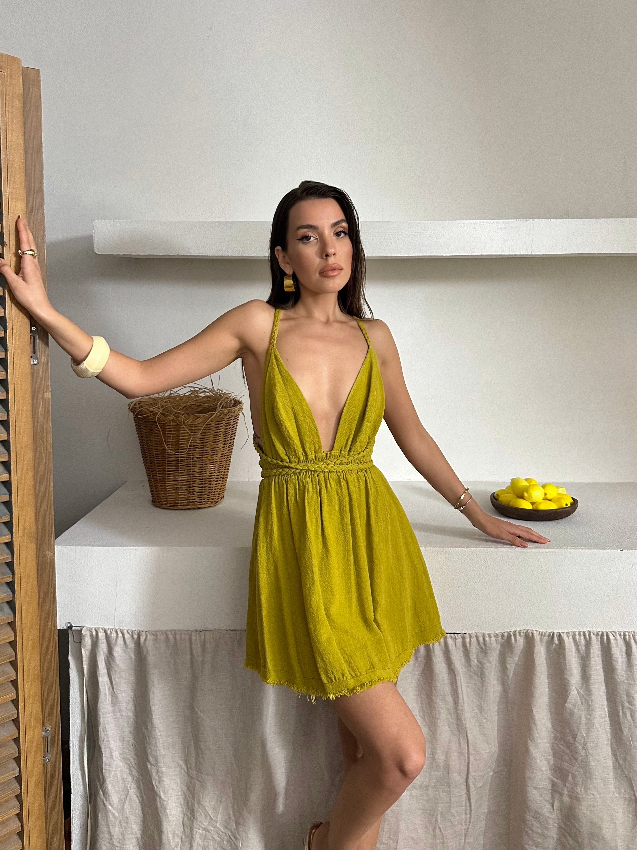 Brunella İp Askılı Müslin Kumaş Elbise Yeşil