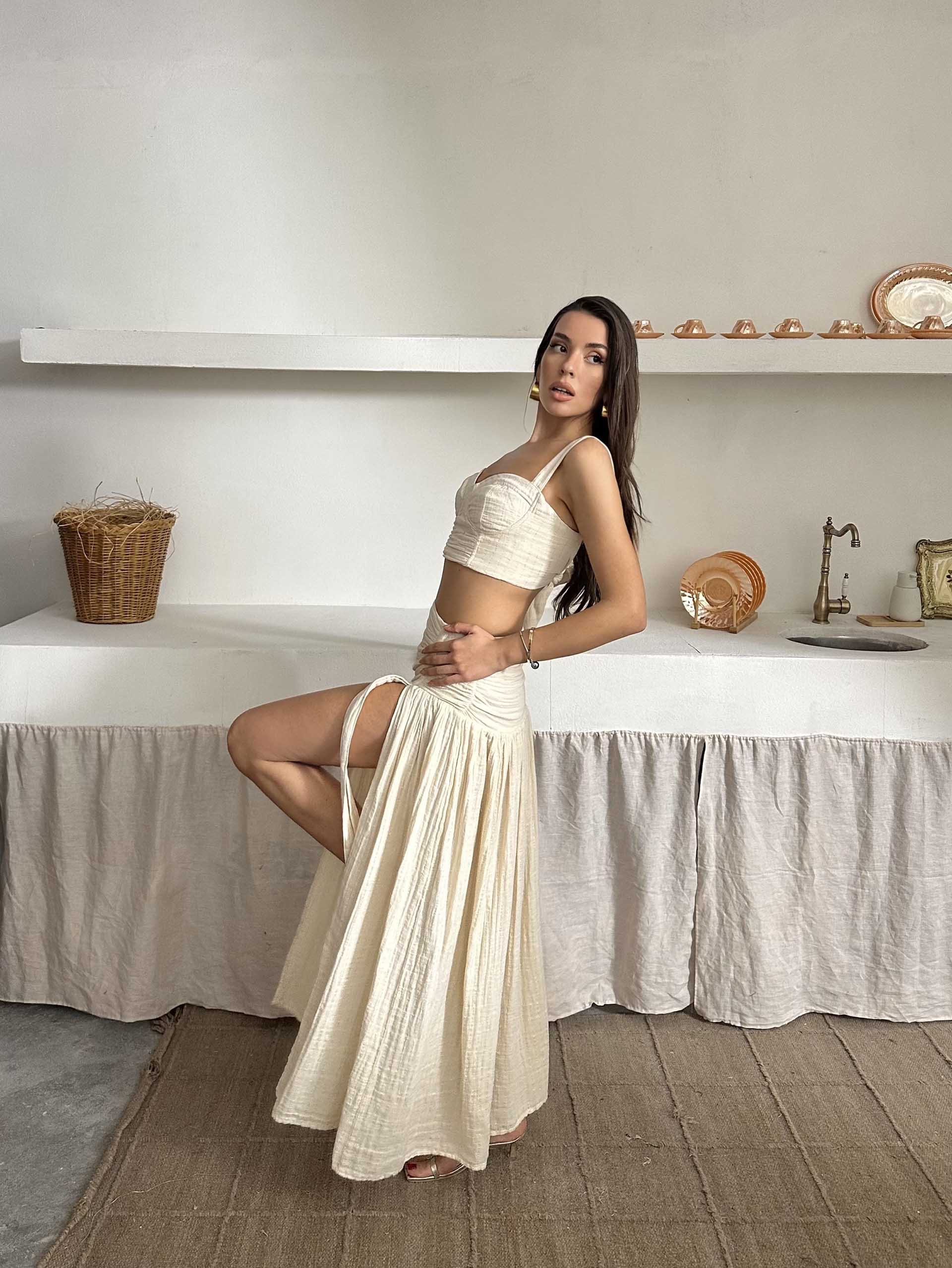 Emma Simli Etek Yırtmaç Detay Müslin Kumaş İkili Takım Bej