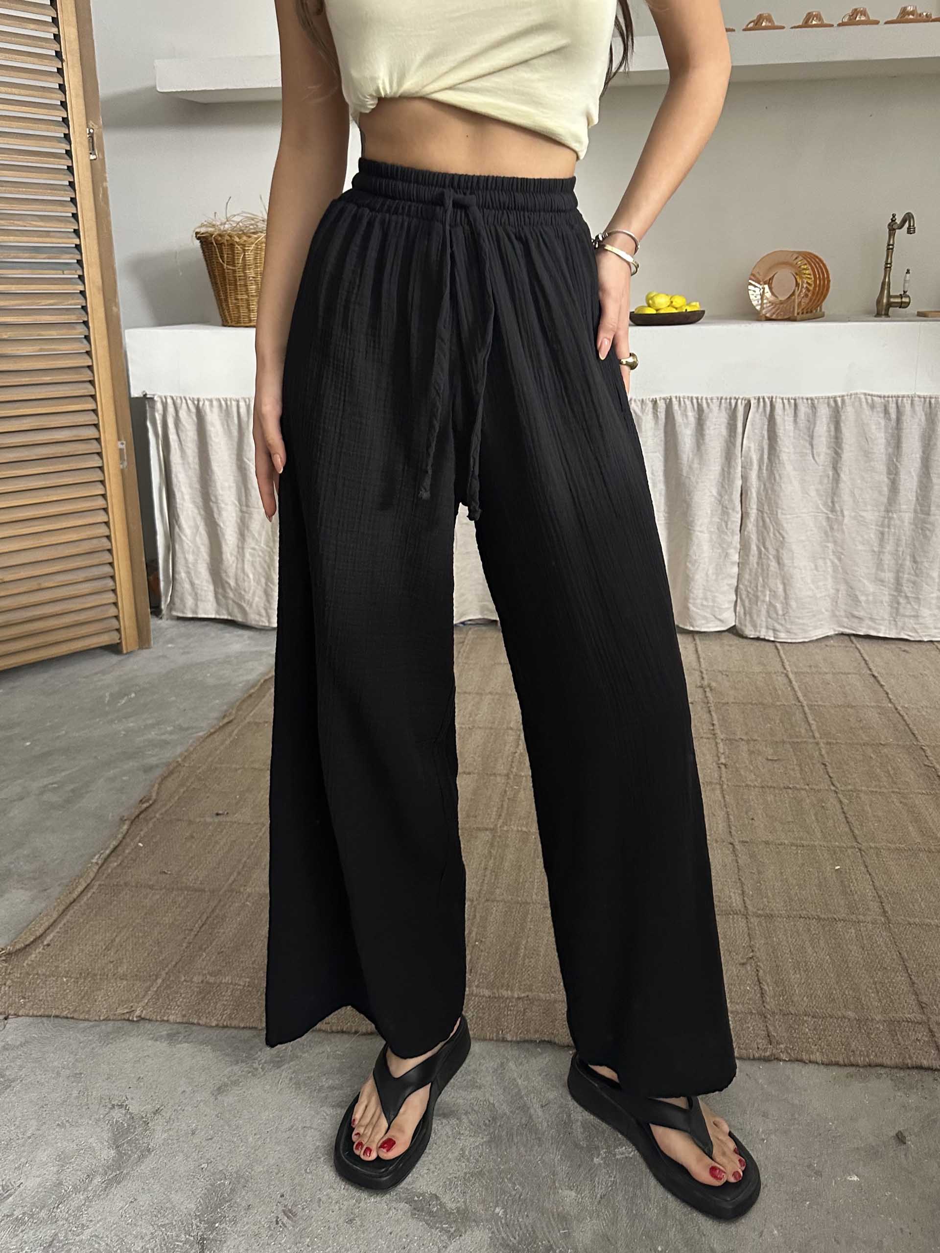 Maja Müslin Kumaş Geniş Pantolon Siyah