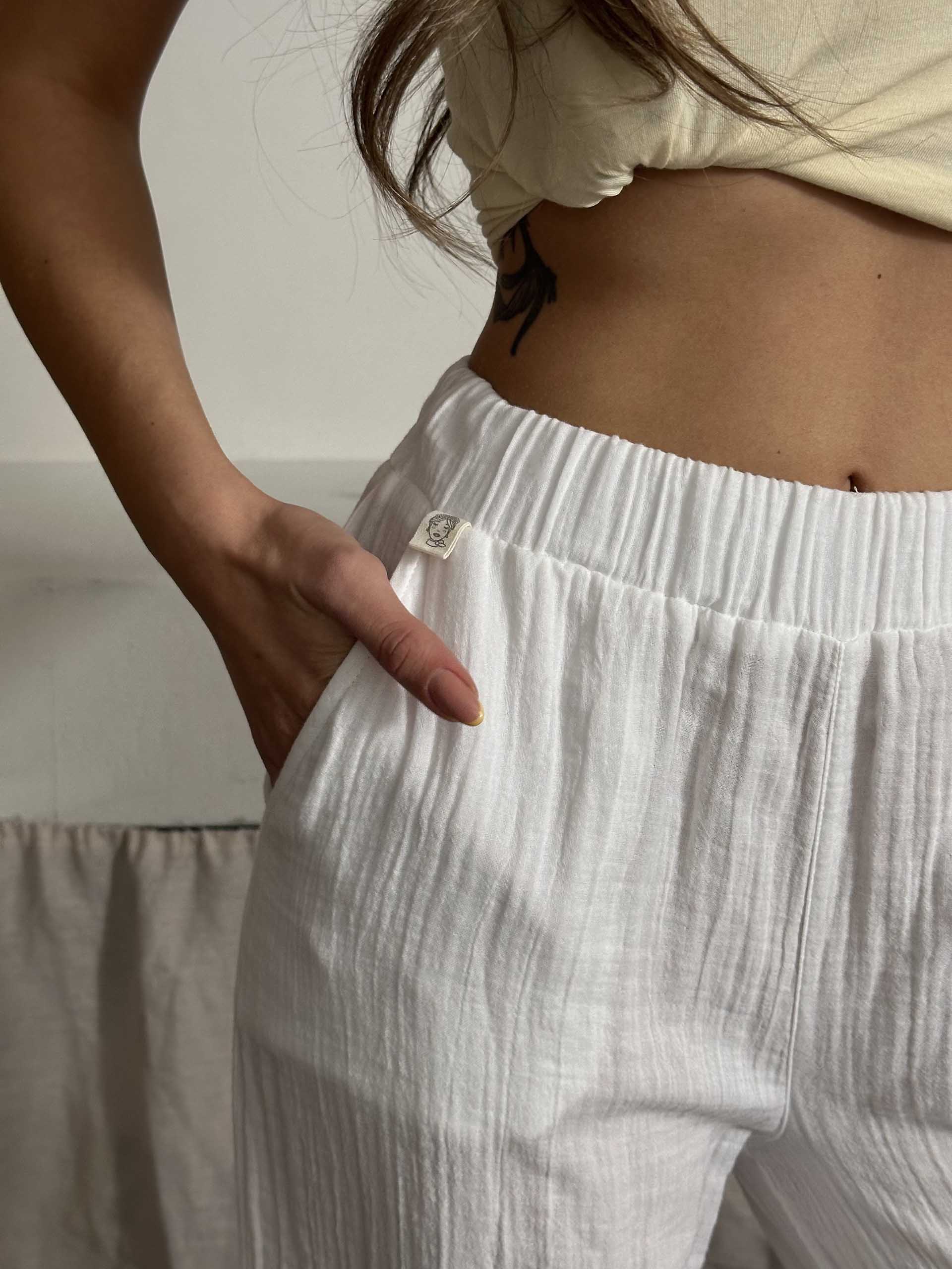 Talia Organik Müslin Kumaş Pantolon Beyaz