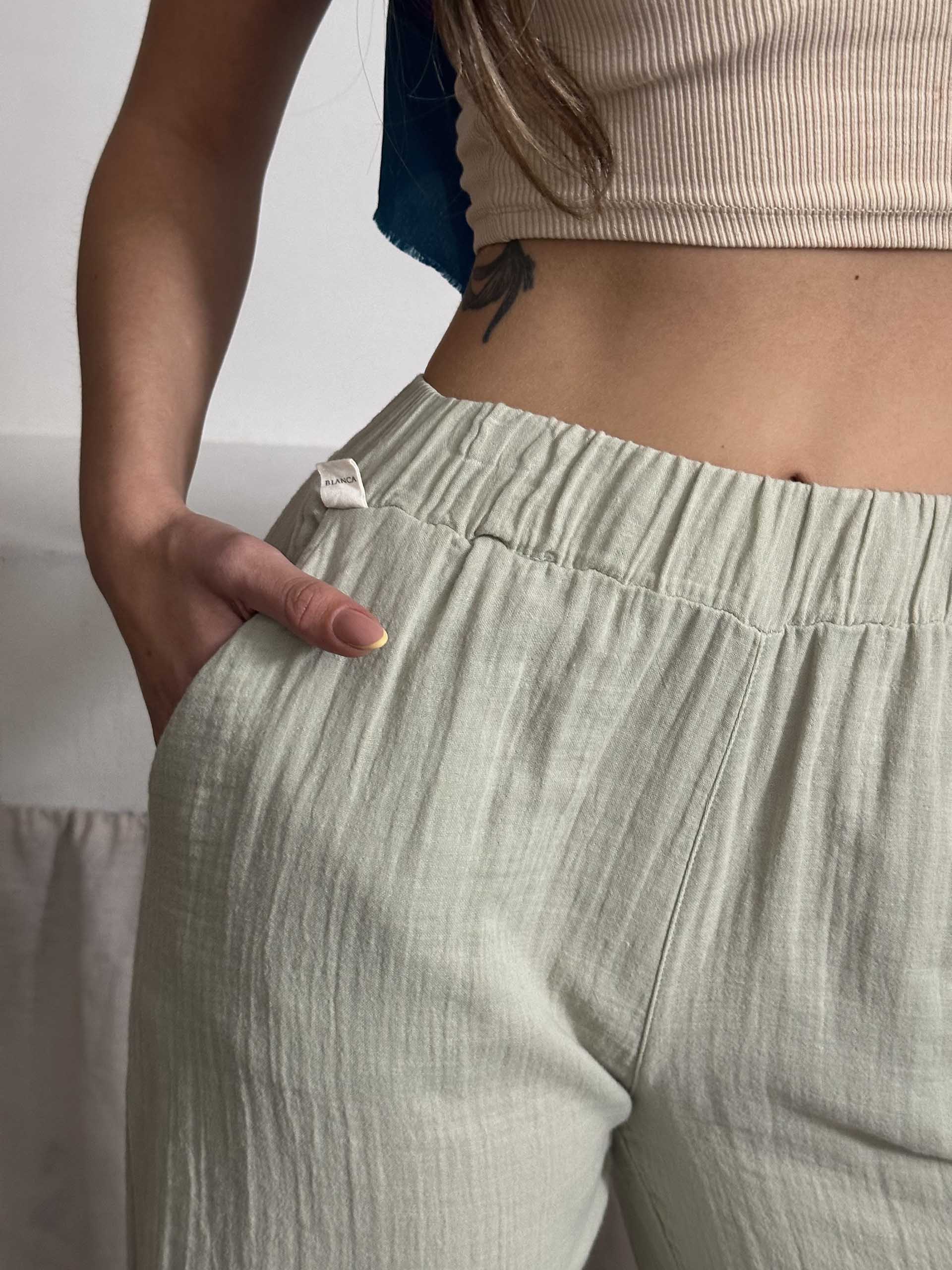 Talia Organik Müslin Kumaş Pantolon Mint Yeşili