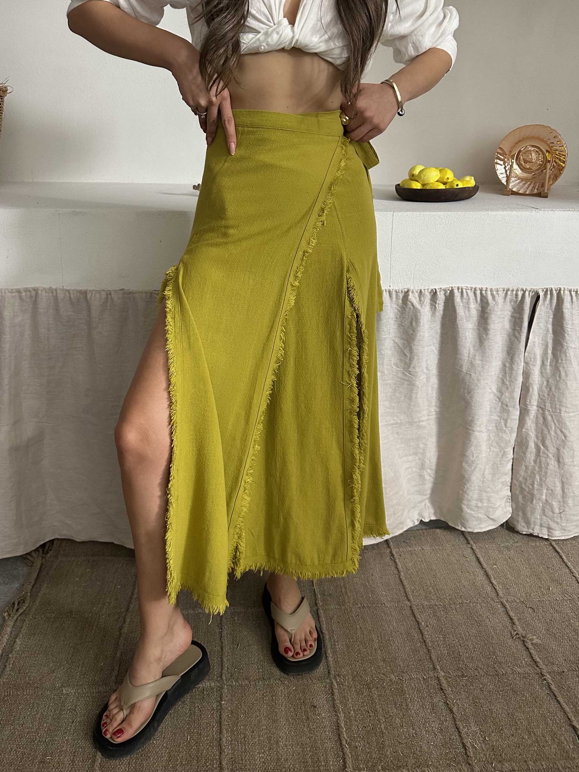 Olivia Keten Tasarım Yırtmaçlı Etek Yeşil