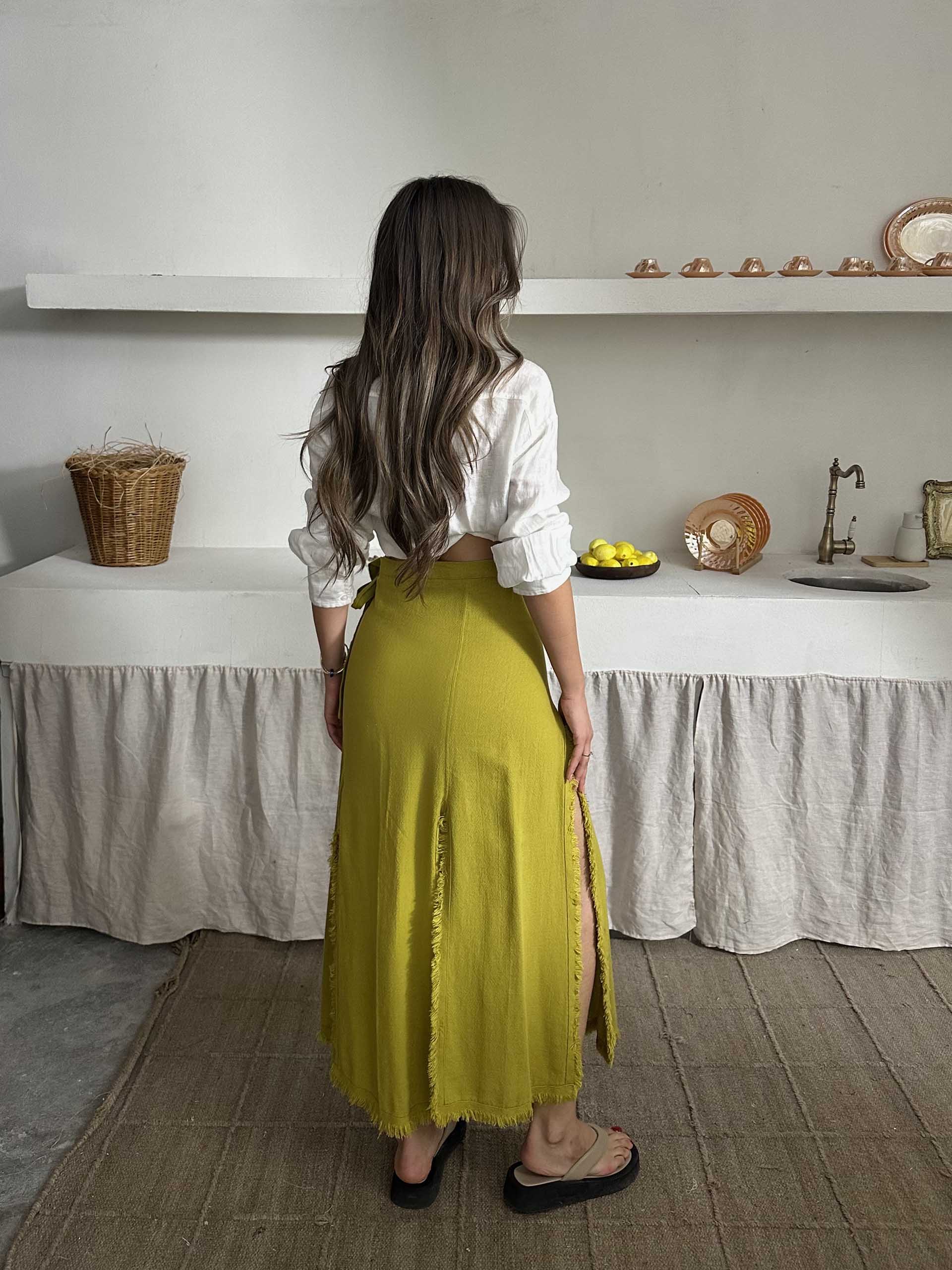 Olivia Keten Tasarım Yırtmaçlı Etek Yeşil